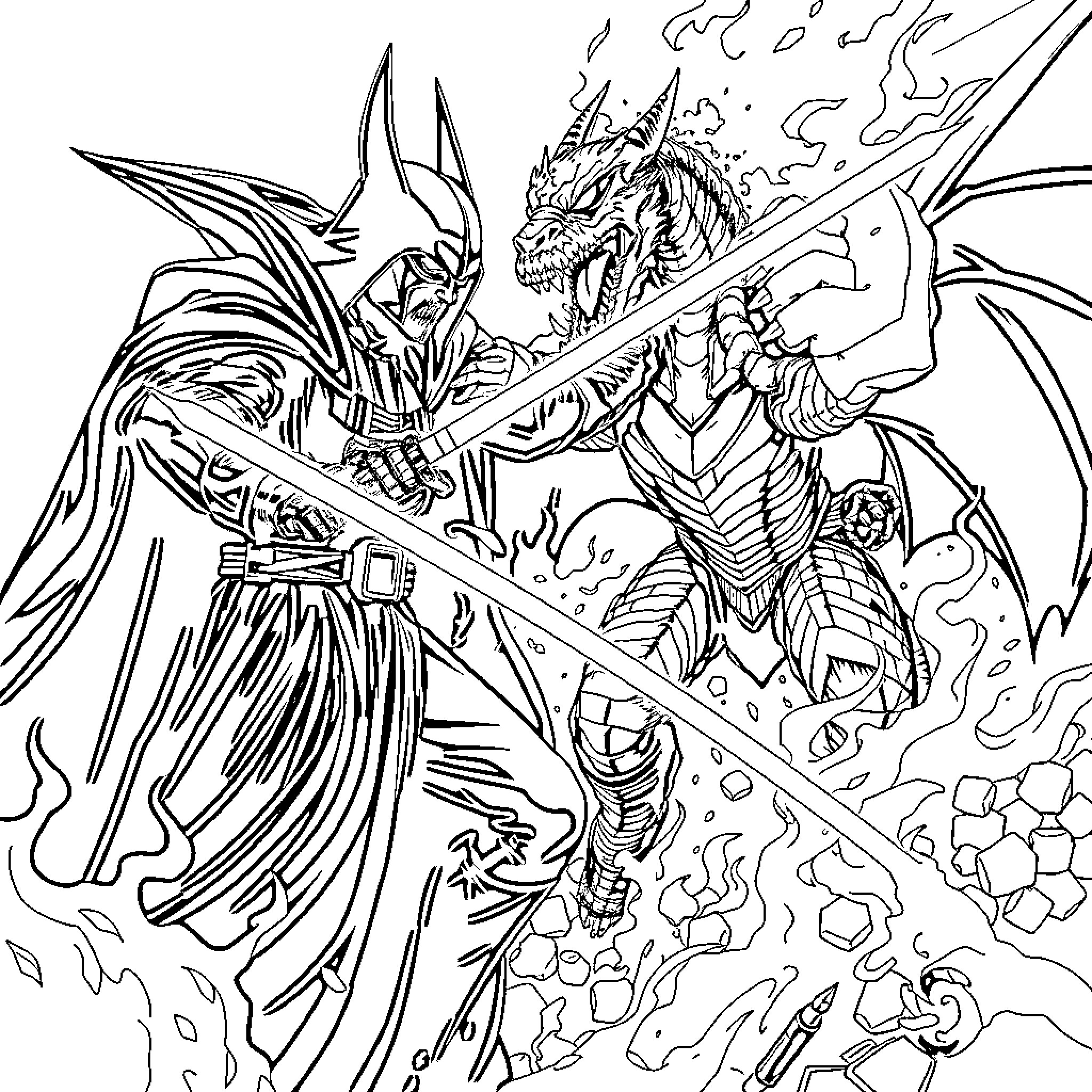 Dark Vador battling a fearsome dragon with fiery breath Coloring Page (free black-and-white line drawing printable PDF for all, from beginners to advanced learners, including children, teens, adults, and seniors)