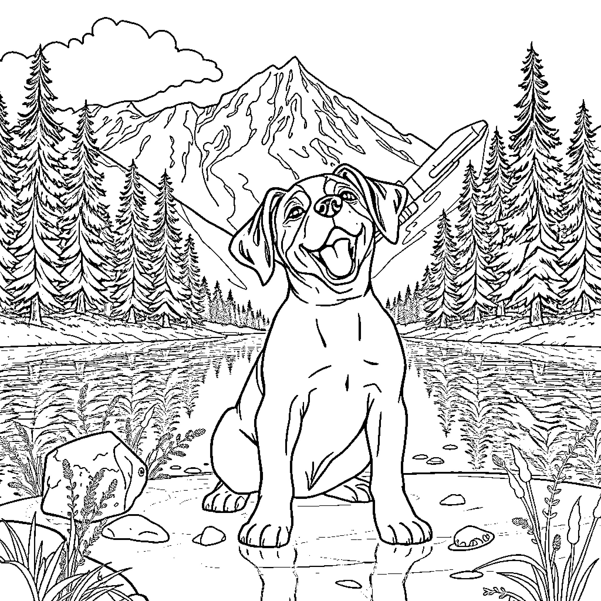 Puppy exploring the majestic mountain landscape Coloring Page (free black-and-white line drawing printable PDF for all, from beginners to advanced learners, including children, teens, adults, and seniors)