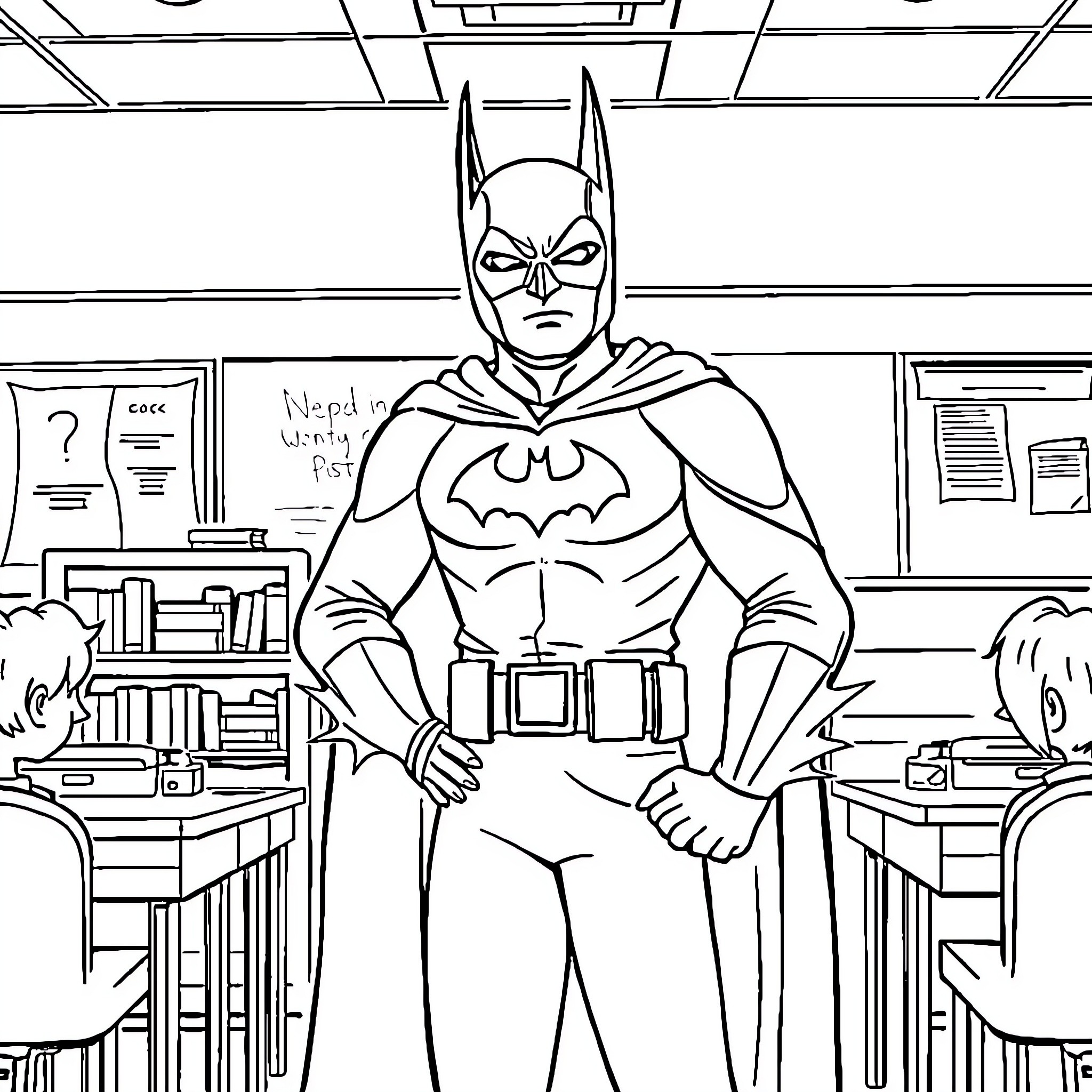 Batman on Duty in the Classroom Coloring Page (free black-and-white line drawing printable PDF for all, from beginners to advanced learners, including children, teens, adults, and seniors)