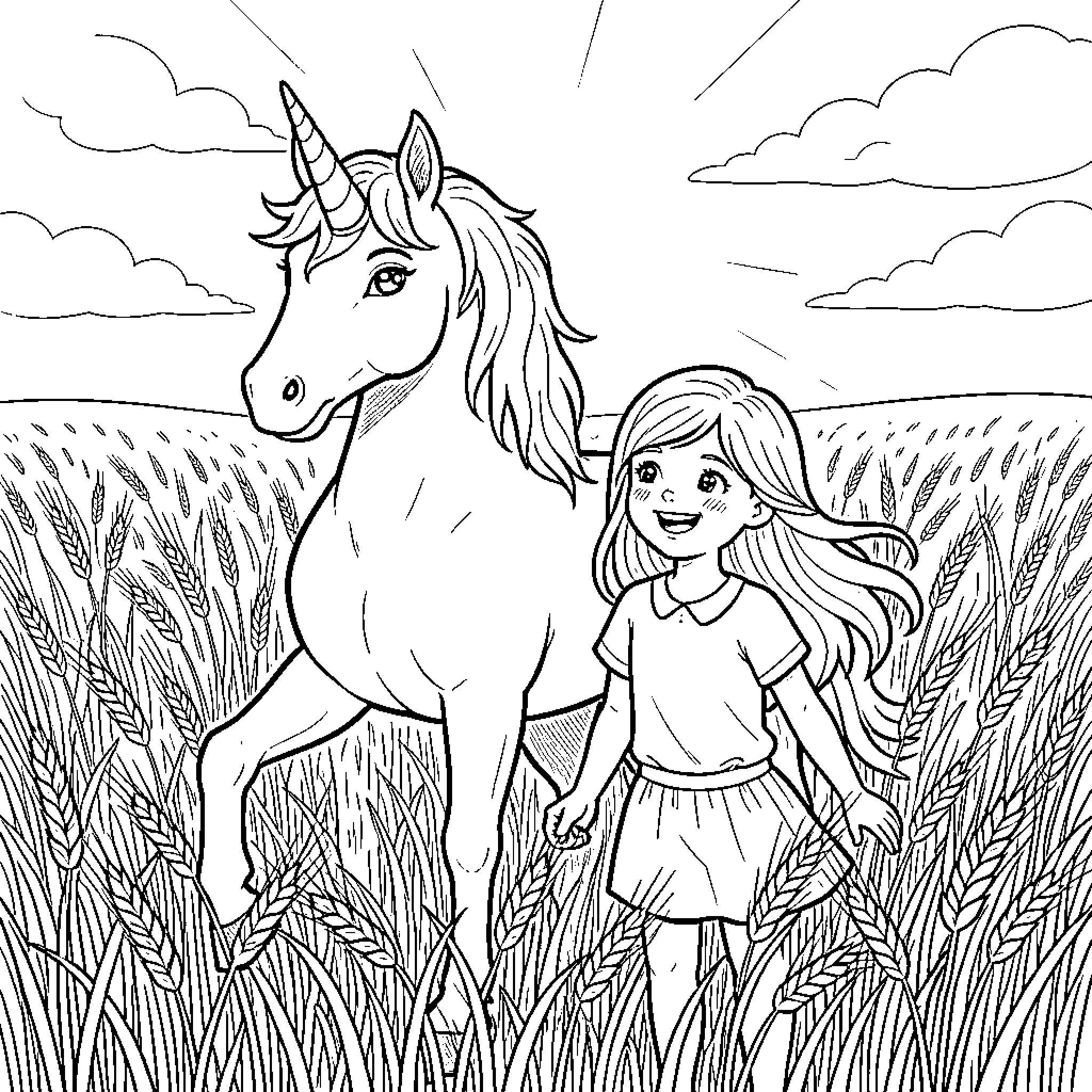 Unicorn and girl exploring the meadow Coloring Page (free black-and-white line drawing printable PDF for all, from beginners to advanced learners, including children, teens, adults, and seniors)