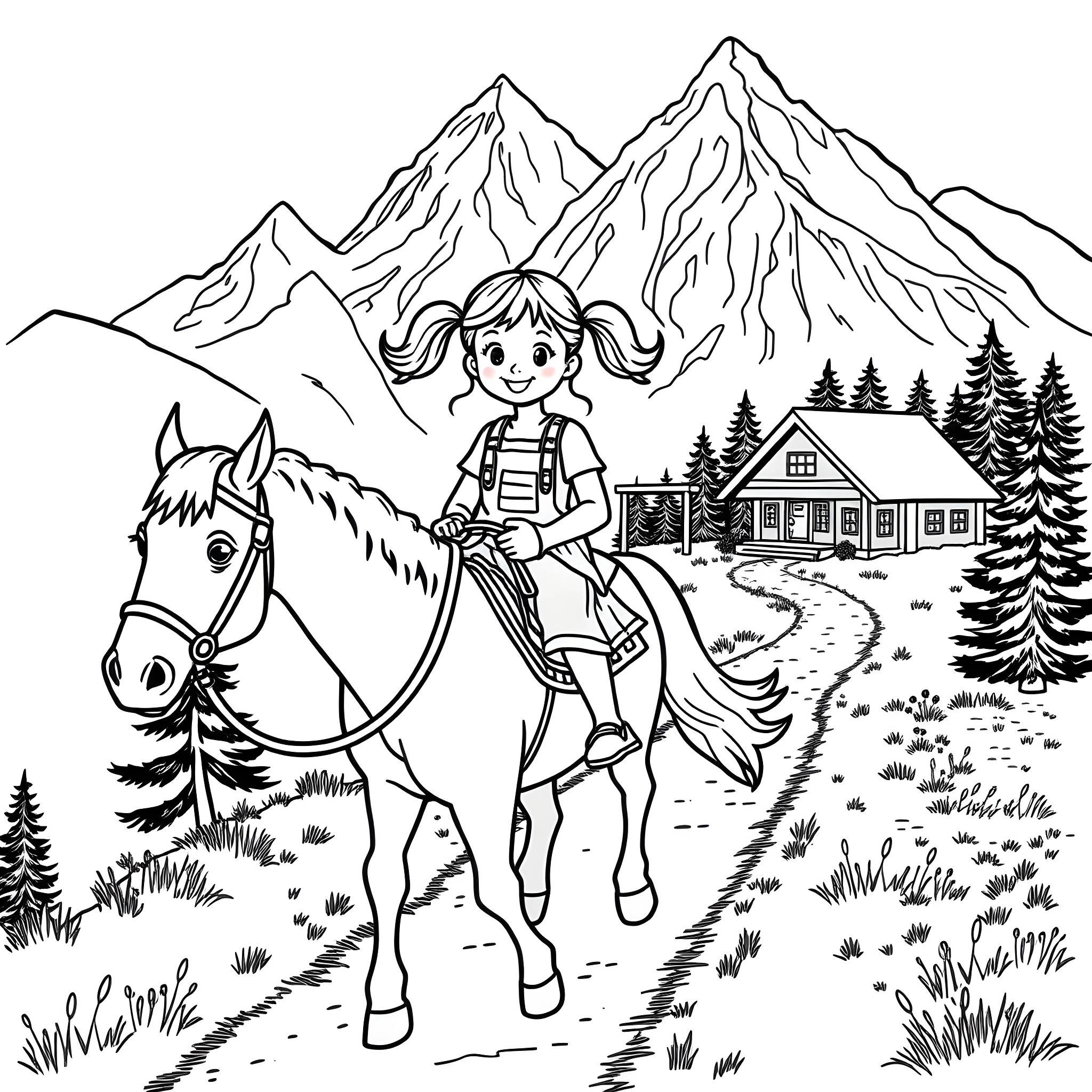 Girl Riding Horse in Mountain Landscape Coloring Page (free black-and-white line drawing printable PDF for all, from beginners to advanced learners, including children, teens, adults, and seniors)