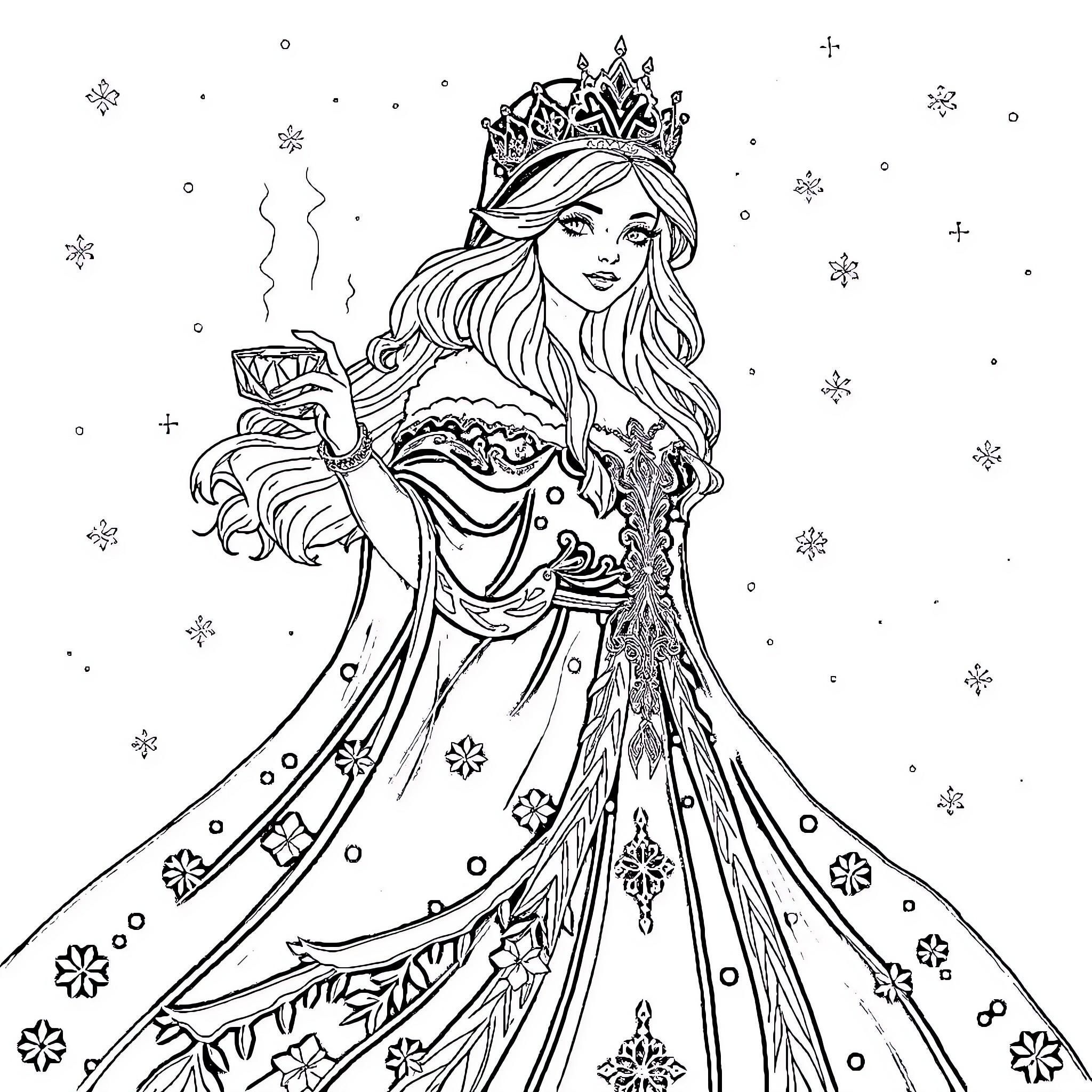 Snow Queen in Elegant Winter Attire Coloring Page (free black-and-white line drawing printable PDF for all, from beginners to advanced learners, including children, teens, adults, and seniors)