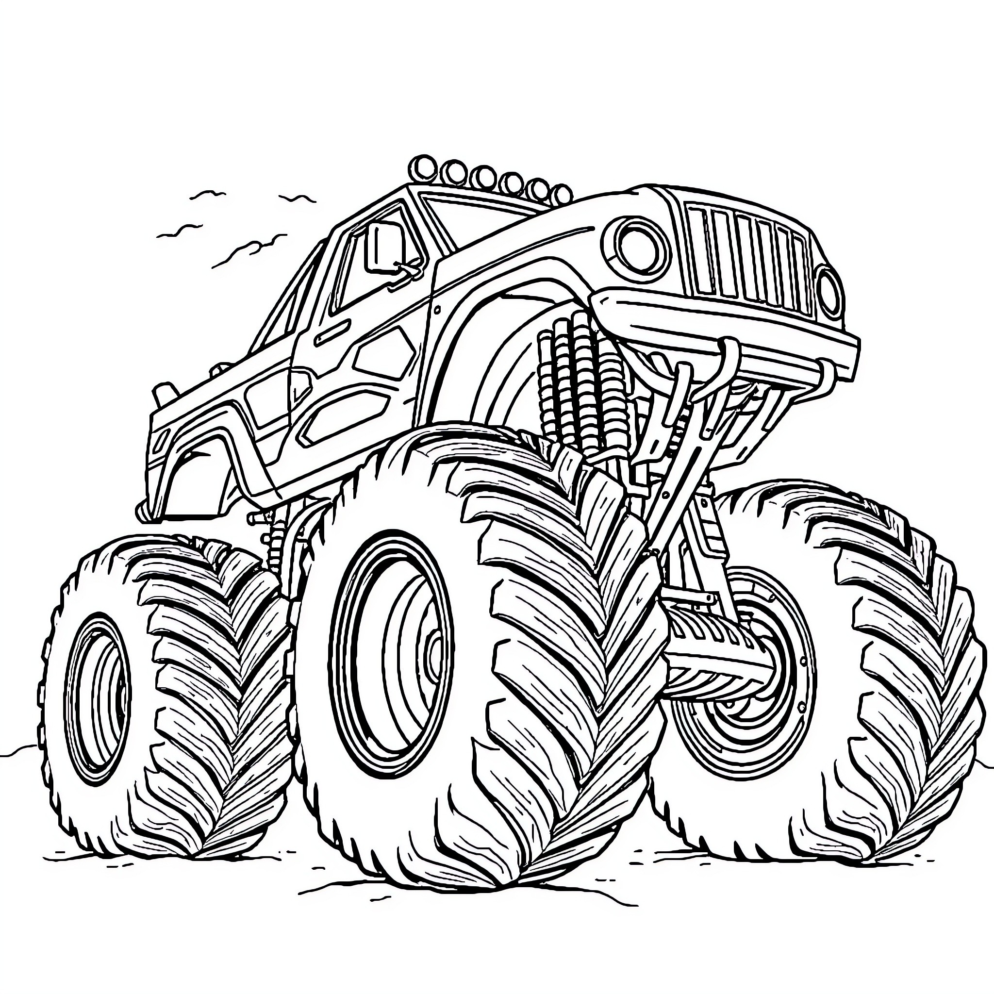 Monster Truck Crushing Through Rugged Terrain Coloring Page (free black-and-white line drawing printable PDF for all, from beginners to advanced learners, including children, teens, adults, and seniors)