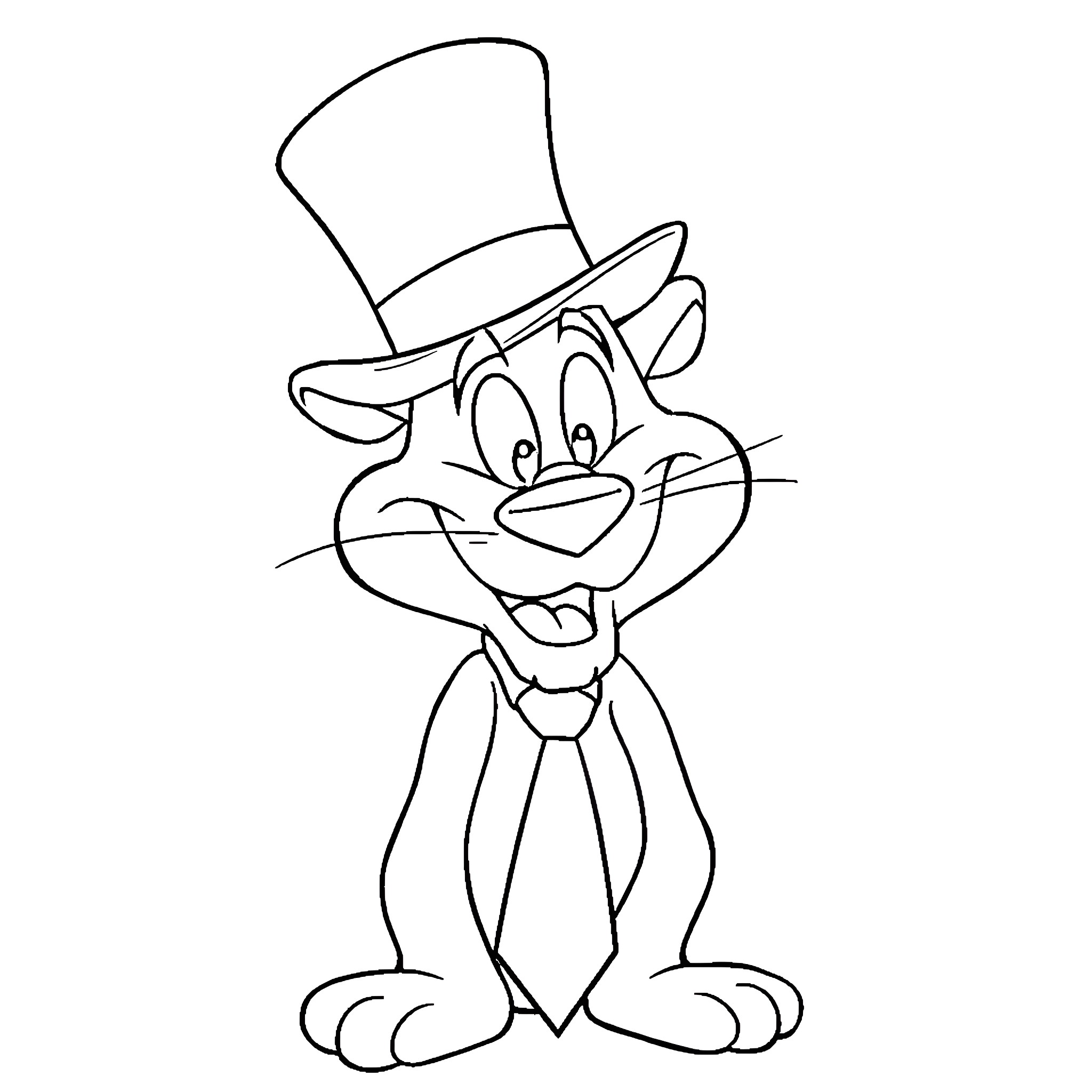 Taz wearing a top hat and bowtie Coloring Page (free black-and-white line drawing printable PDF for all, from beginners to advanced learners, including children, teens, adults, and seniors)