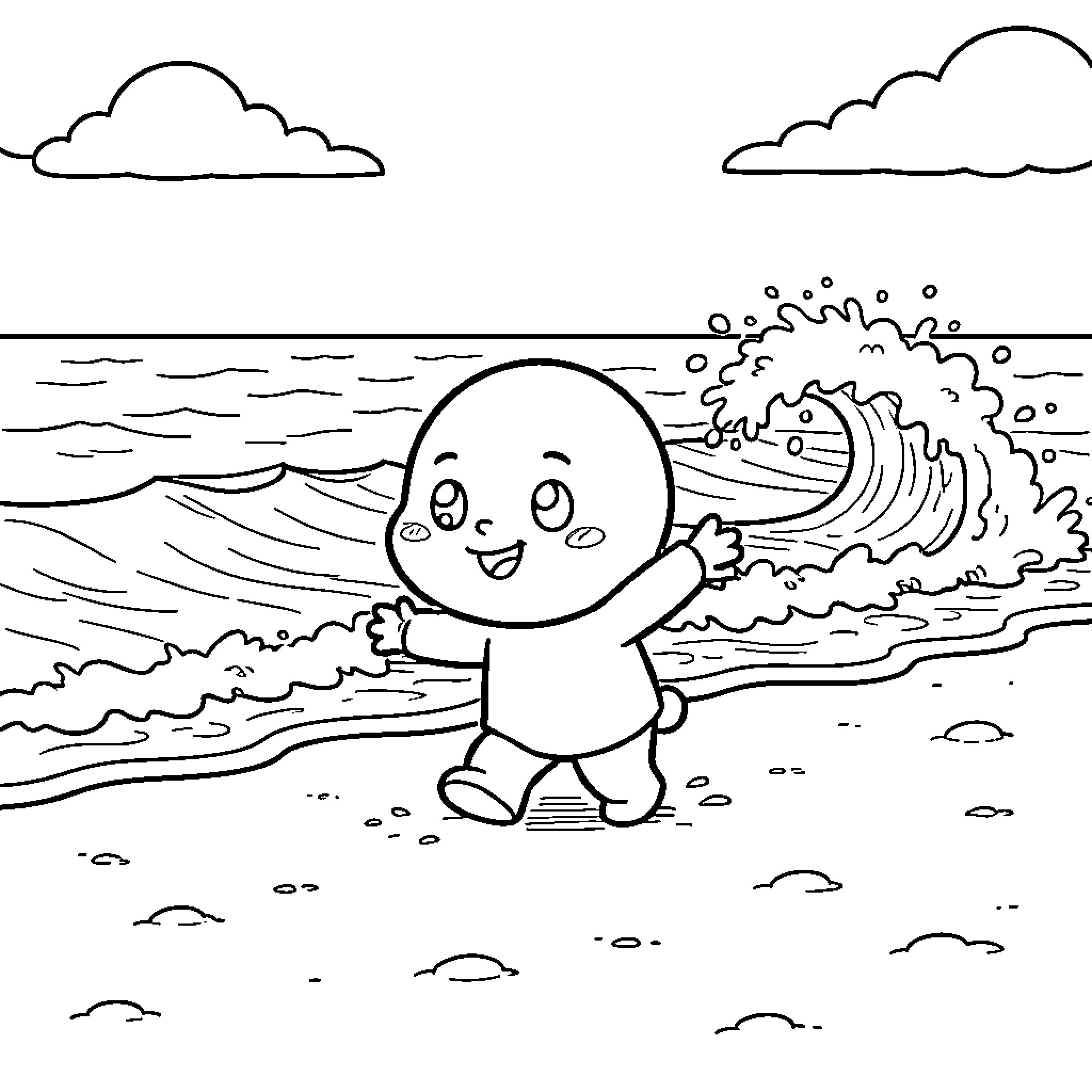 Tchoupi walking happily along the beach waves Coloring Page (free black-and-white line drawing printable PDF for all, from beginners to advanced learners, including children, teens, adults, and seniors)