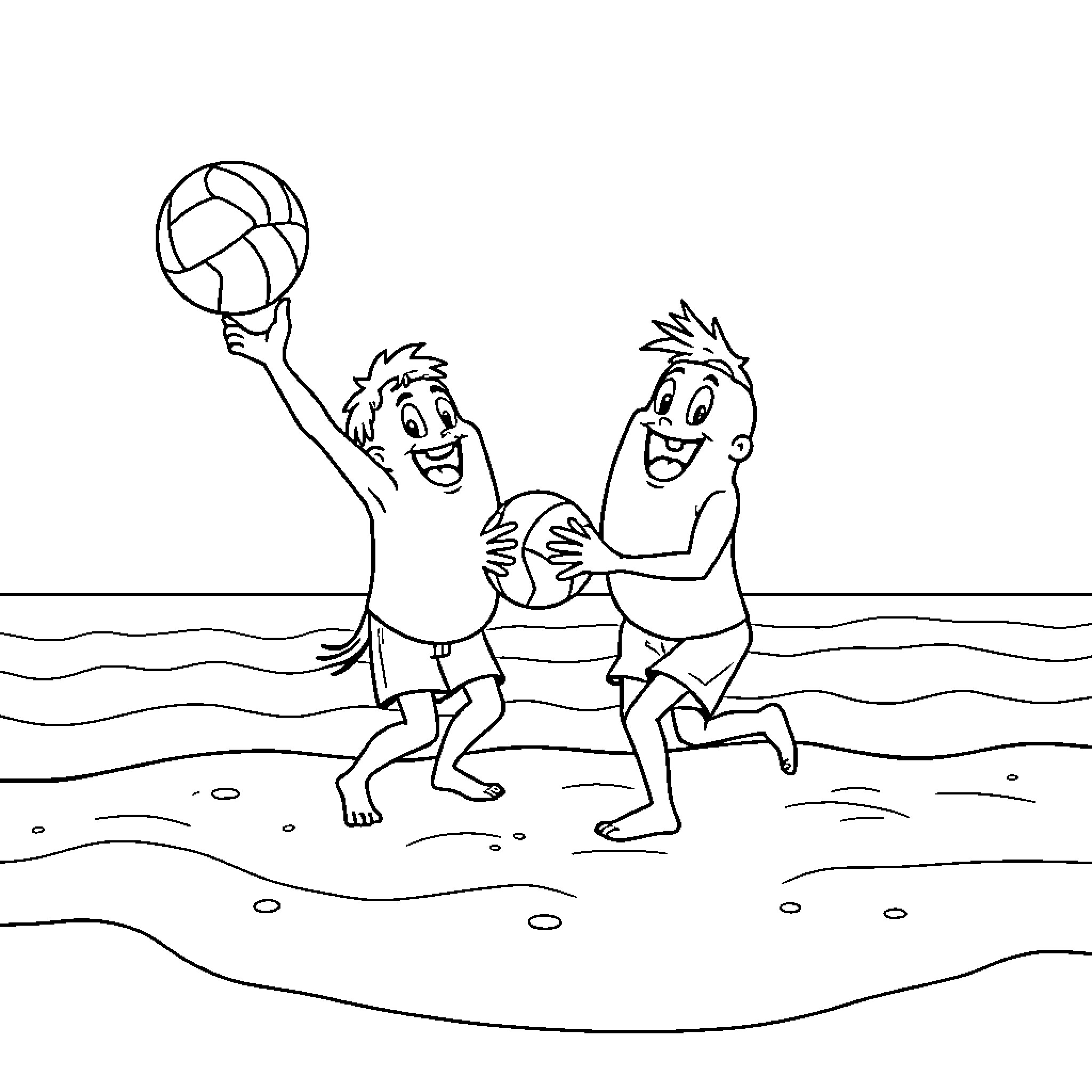 Coqui friends playing beach volleyball Coloring Page (free black-and-white line drawing printable PDF for all, from beginners to advanced learners, including children, teens, adults, and seniors)