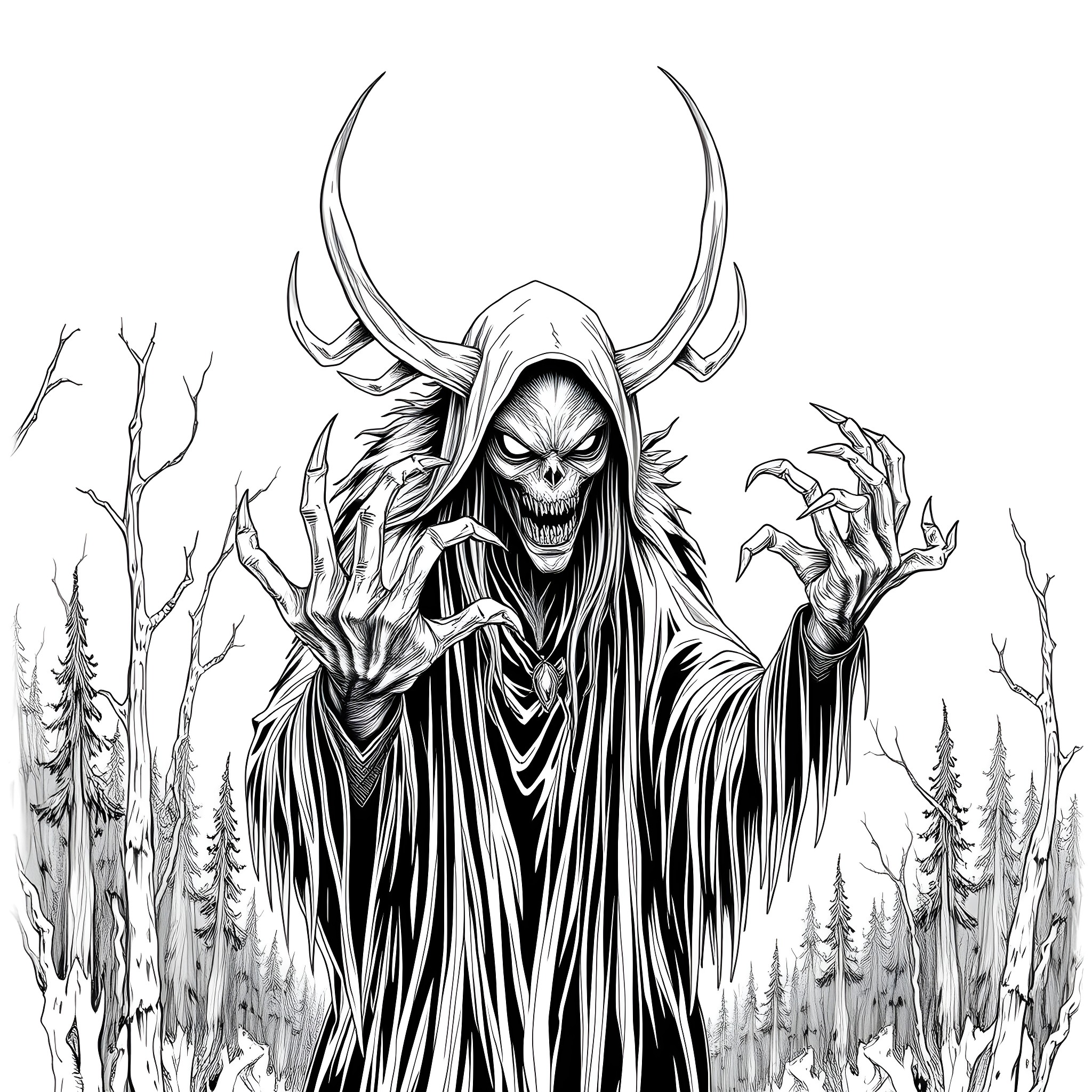 Wendigo Towering Over the Haunted Forest Coloring Page (free black-and-white line drawing printable PDF for all, from beginners to advanced learners, including children, teens, adults, and seniors)