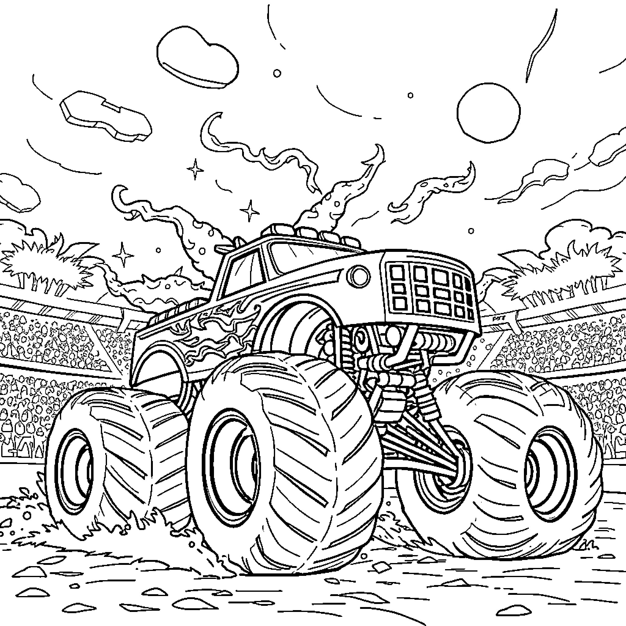 Monster Truck Crushing Through Obstacles in Stadium Coloring Page (free black-and-white line drawing printable PDF for all, from beginners to advanced learners, including children, teens, adults, and seniors)