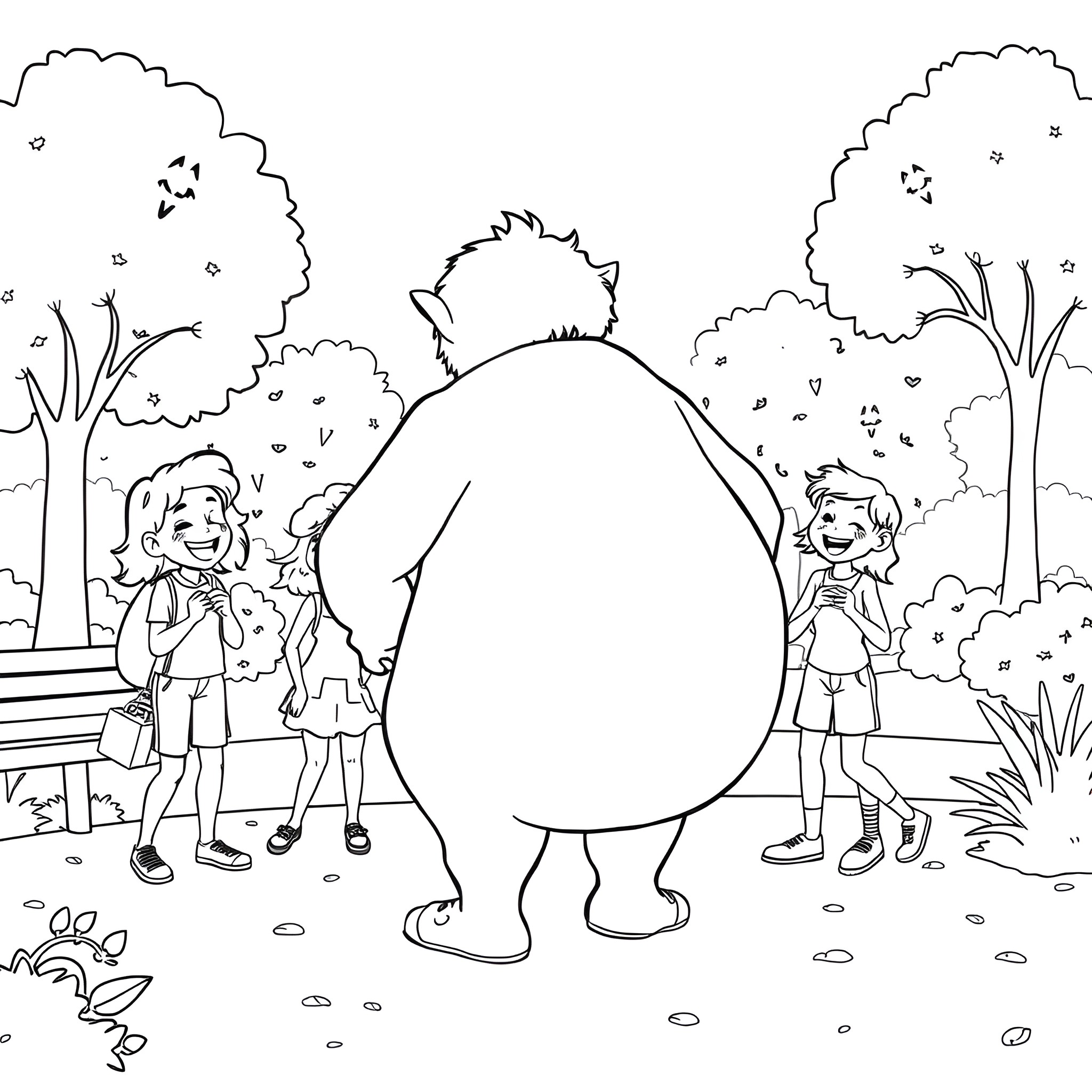Amusing antics of playful children in nature Coloring Page (free black-and-white line drawing printable PDF for all, from beginners to advanced learners, including children, teens, adults, and seniors)