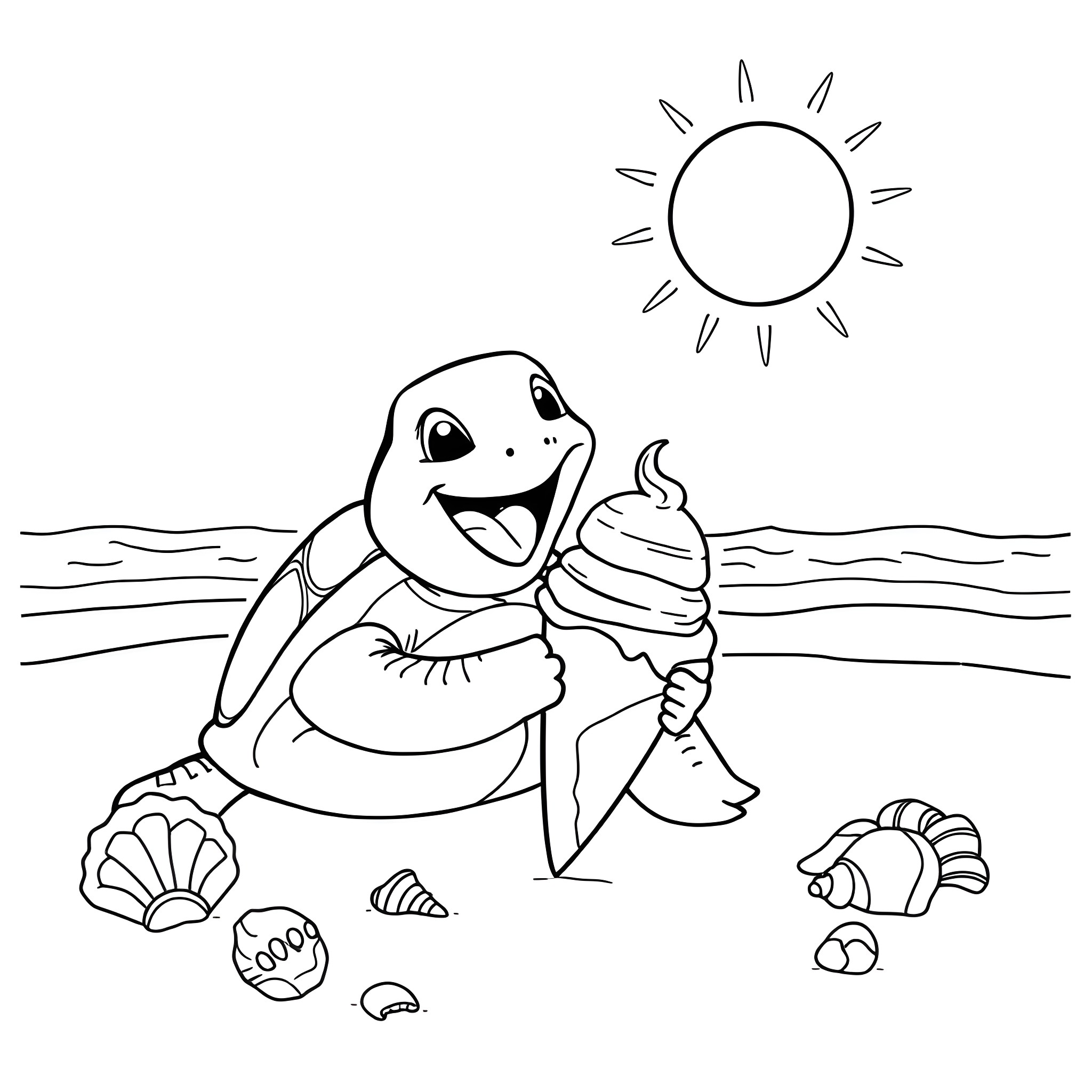 Turtle enjoying an ice cream cone on the beach Coloring Page (free black-and-white line drawing printable PDF for all, from beginners to advanced learners, including children, teens, adults, and seniors)
