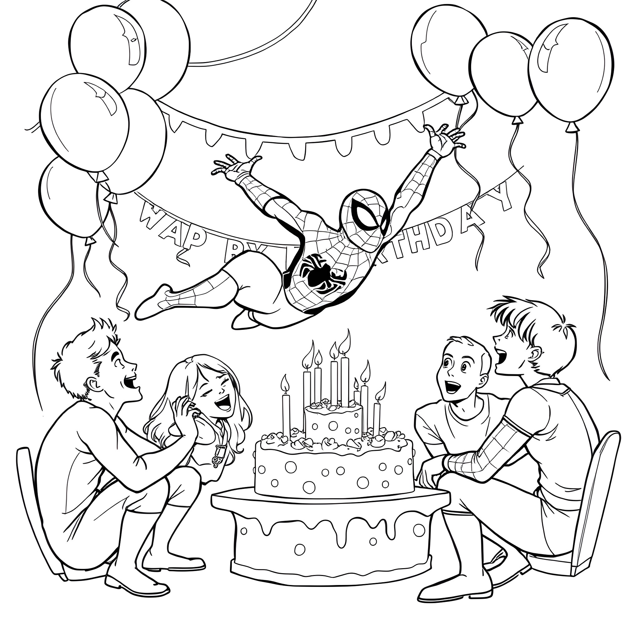 Spider-Man celebrating birthday with friends Coloring Page (free black-and-white line drawing printable PDF for all, from beginners to advanced learners, including children, teens, adults, and seniors)