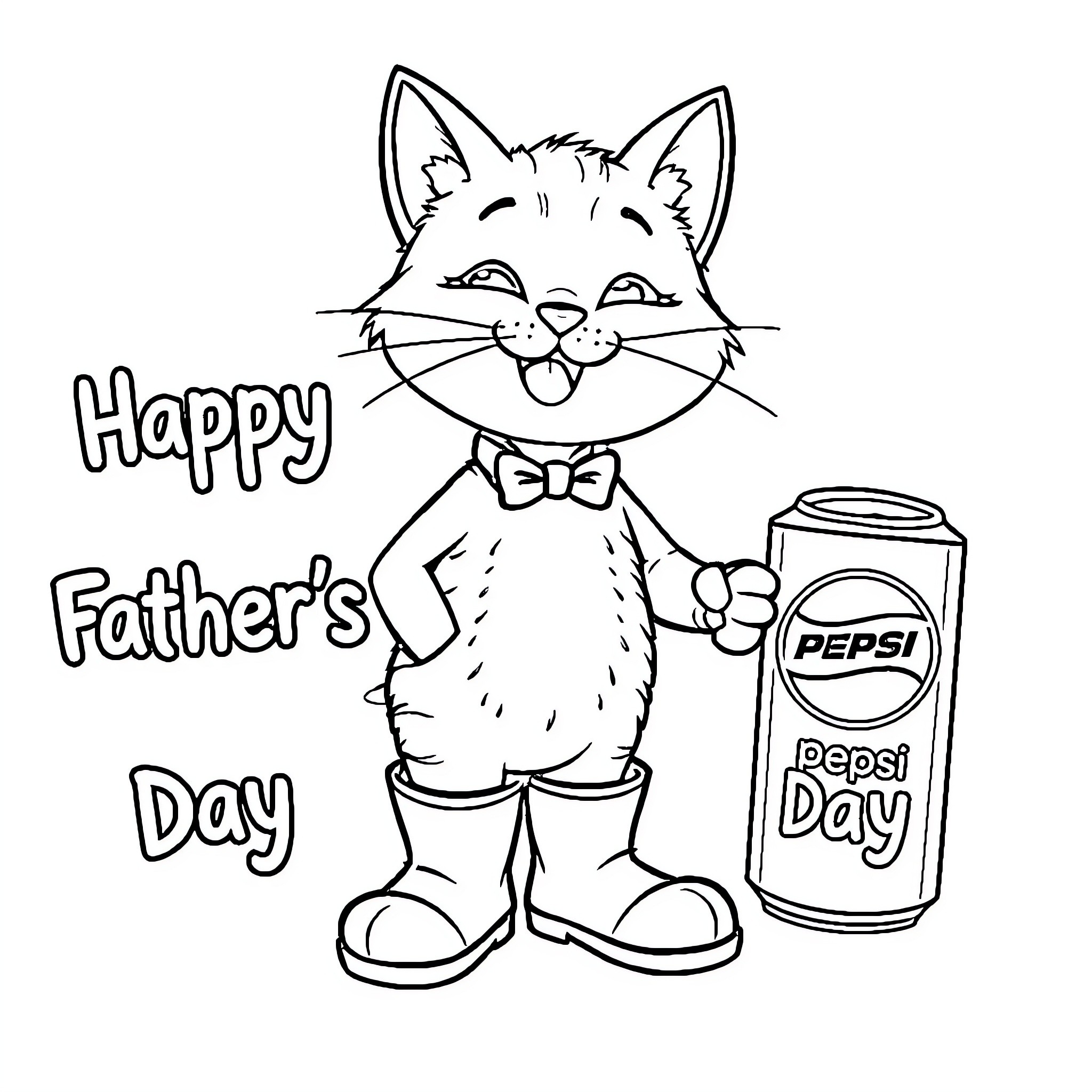 Cat celebrating Father's Day with a soda Coloring Page (free black-and-white line drawing printable PDF for all, from beginners to advanced learners, including children, teens, adults, and seniors)