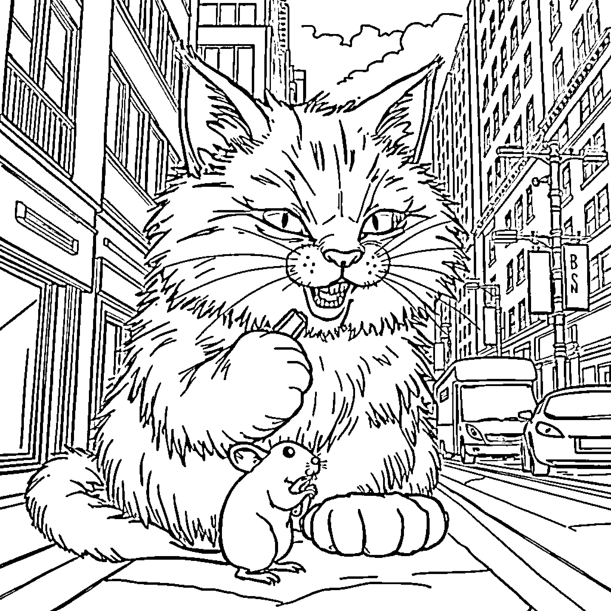 Kitty Mischief in the City Streets Coloring Page (free black-and-white line drawing printable PDF for all, from beginners to advanced learners, including children, teens, adults, and seniors)