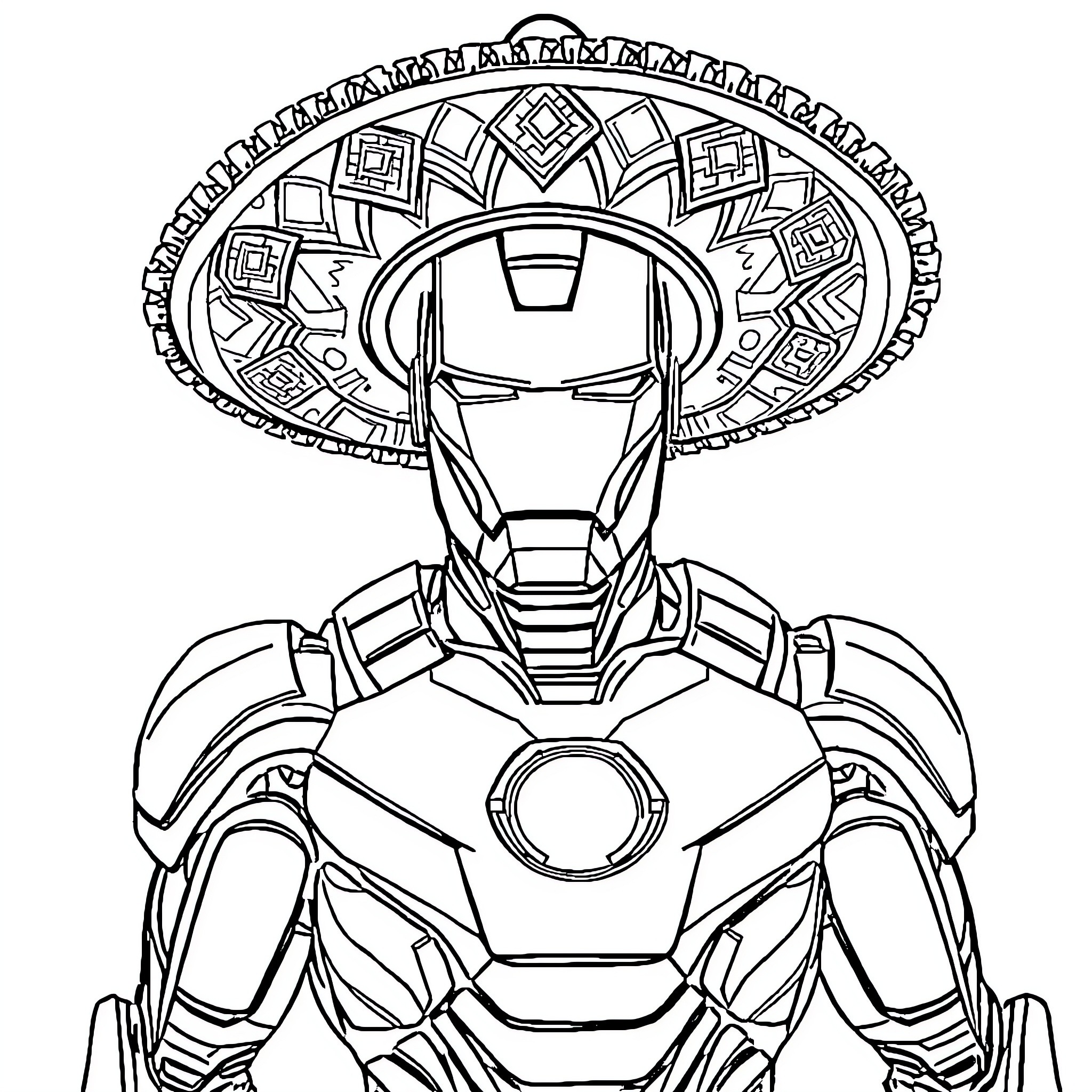 Iron Man in Ornate Armored Suit Coloring Page (free black-and-white line drawing printable PDF for all, from beginners to advanced learners, including children, teens, adults, and seniors)