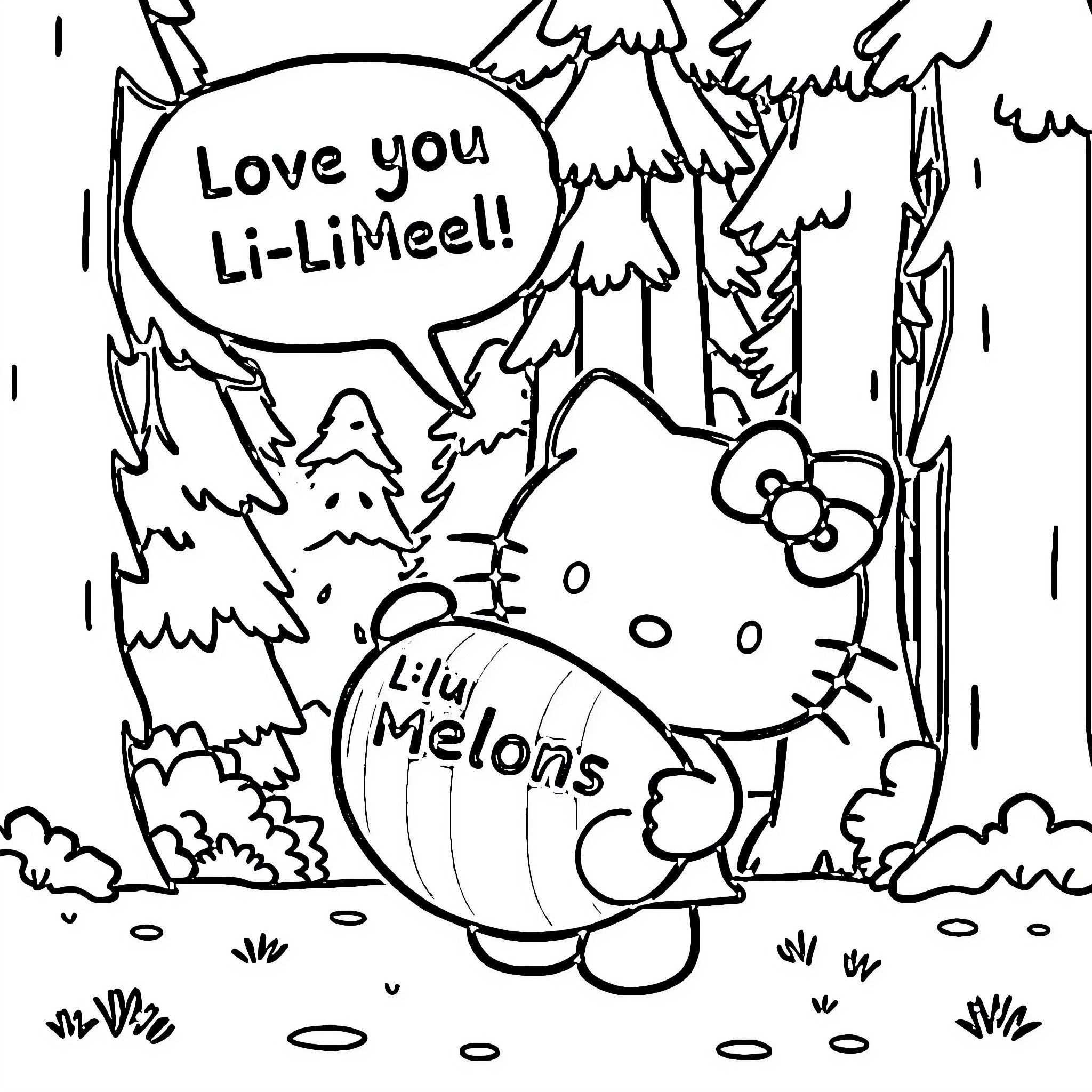 Hello Kitty loves her Li'l Melons in the forest Coloring Page (free black-and-white line drawing printable PDF for all, from beginners to advanced learners, including children, teens, adults, and seniors)