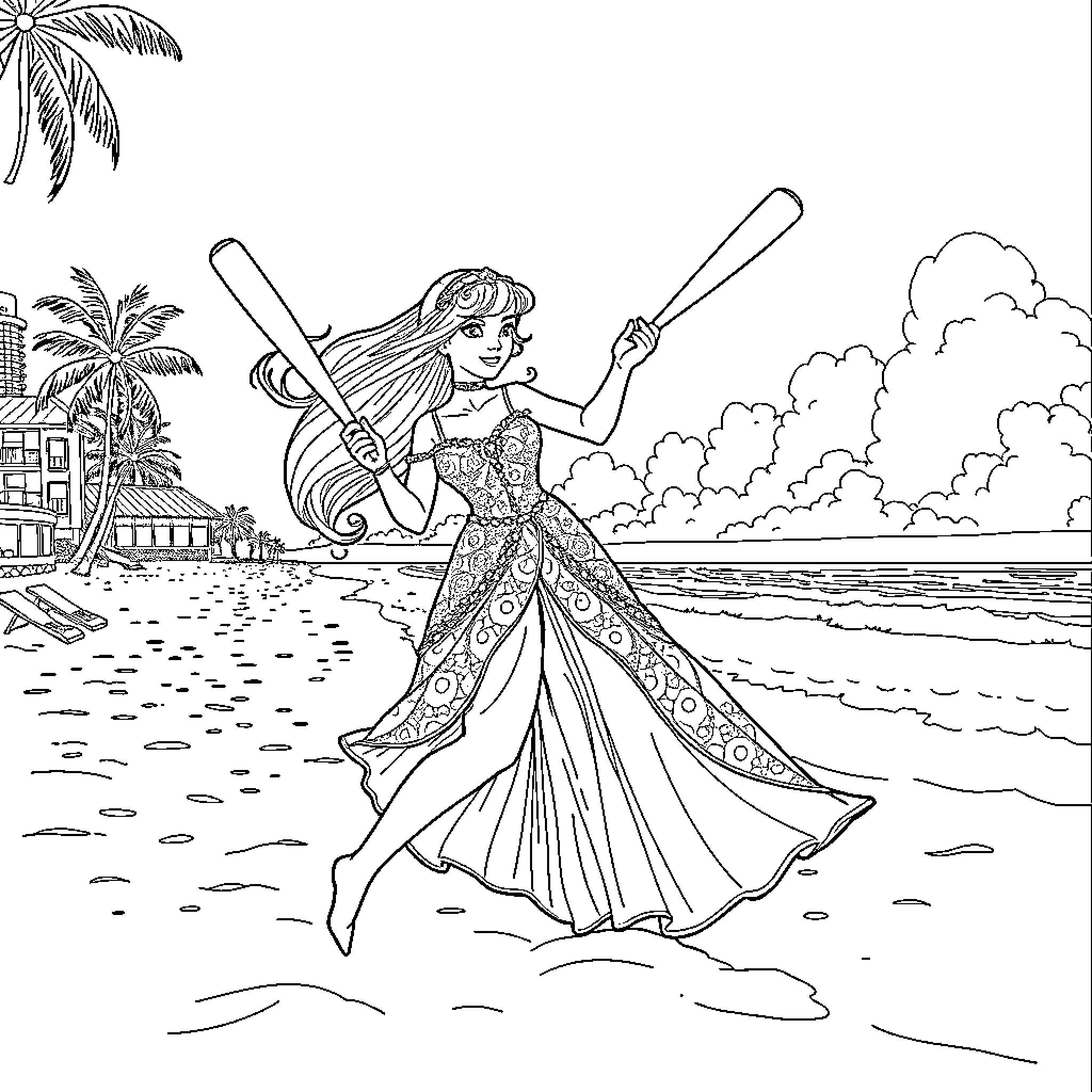 Princess playing baseball on the beach Coloring Page (free black-and-white line drawing printable PDF for all, from beginners to advanced learners, including children, teens, adults, and seniors)