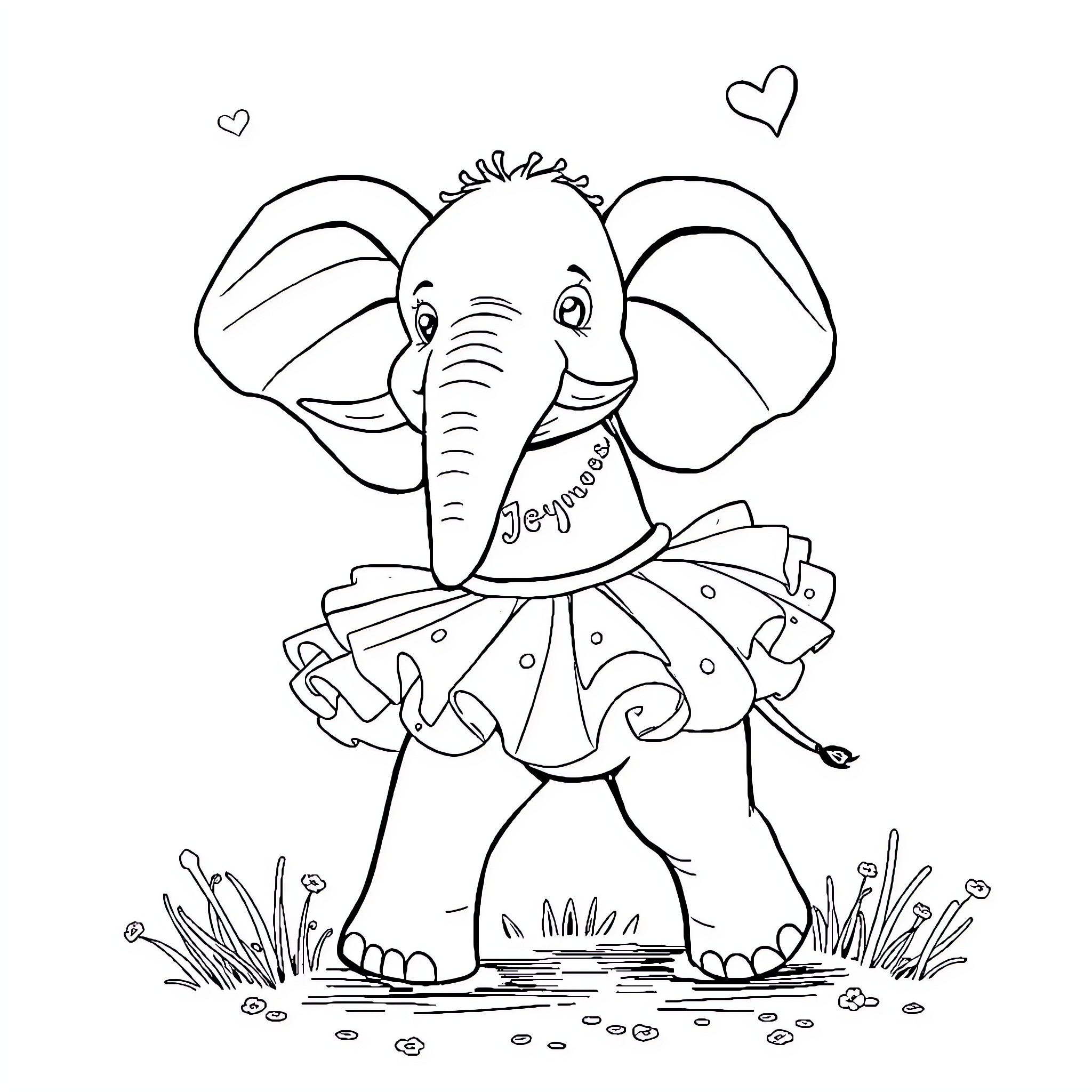 Elephant ballerina dancing with hearts Coloring Page (free black-and-white line drawing printable PDF for all, from beginners to advanced learners, including children, teens, adults, and seniors)