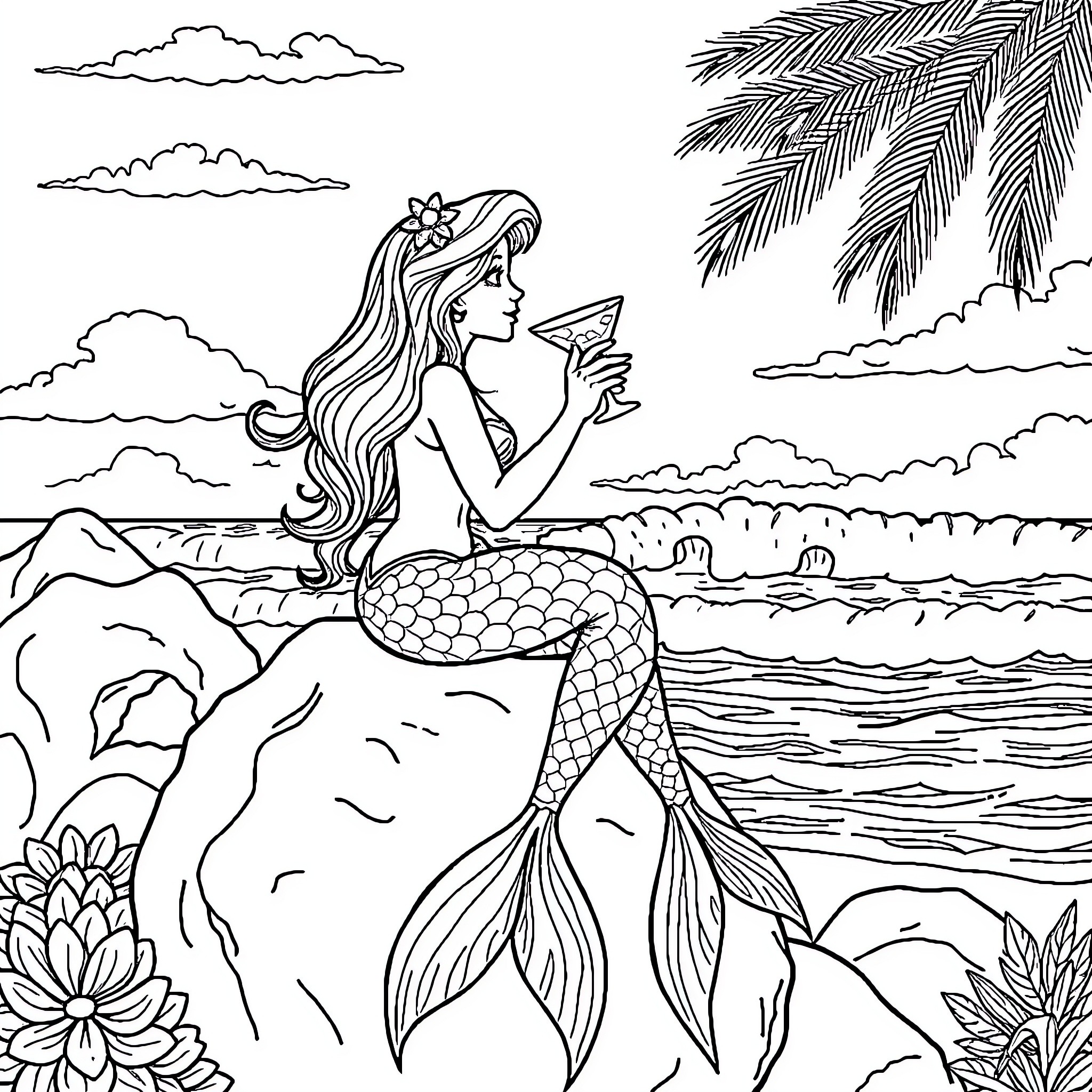 Mermaid enjoying tropical beach scene Coloring Page (free black-and-white line drawing printable PDF for all, from beginners to advanced learners, including children, teens, adults, and seniors)
