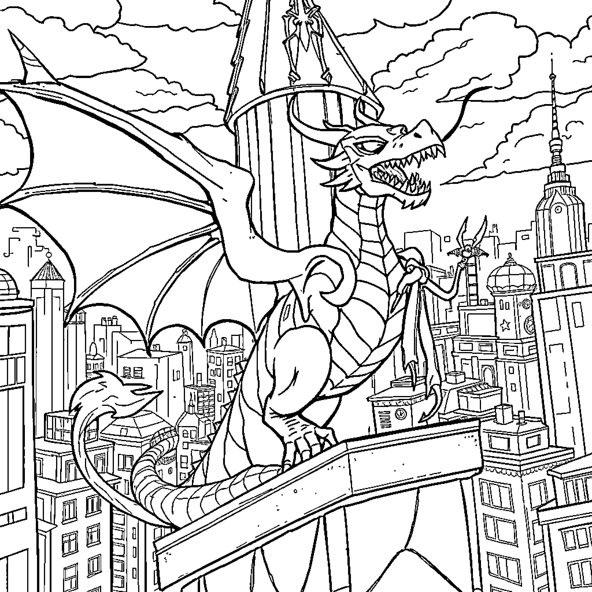 Dragon Terrorizing the City Skyline Coloring Page (free black-and-white line drawing printable PDF for all, from beginners to advanced learners, including children, teens, adults, and seniors)