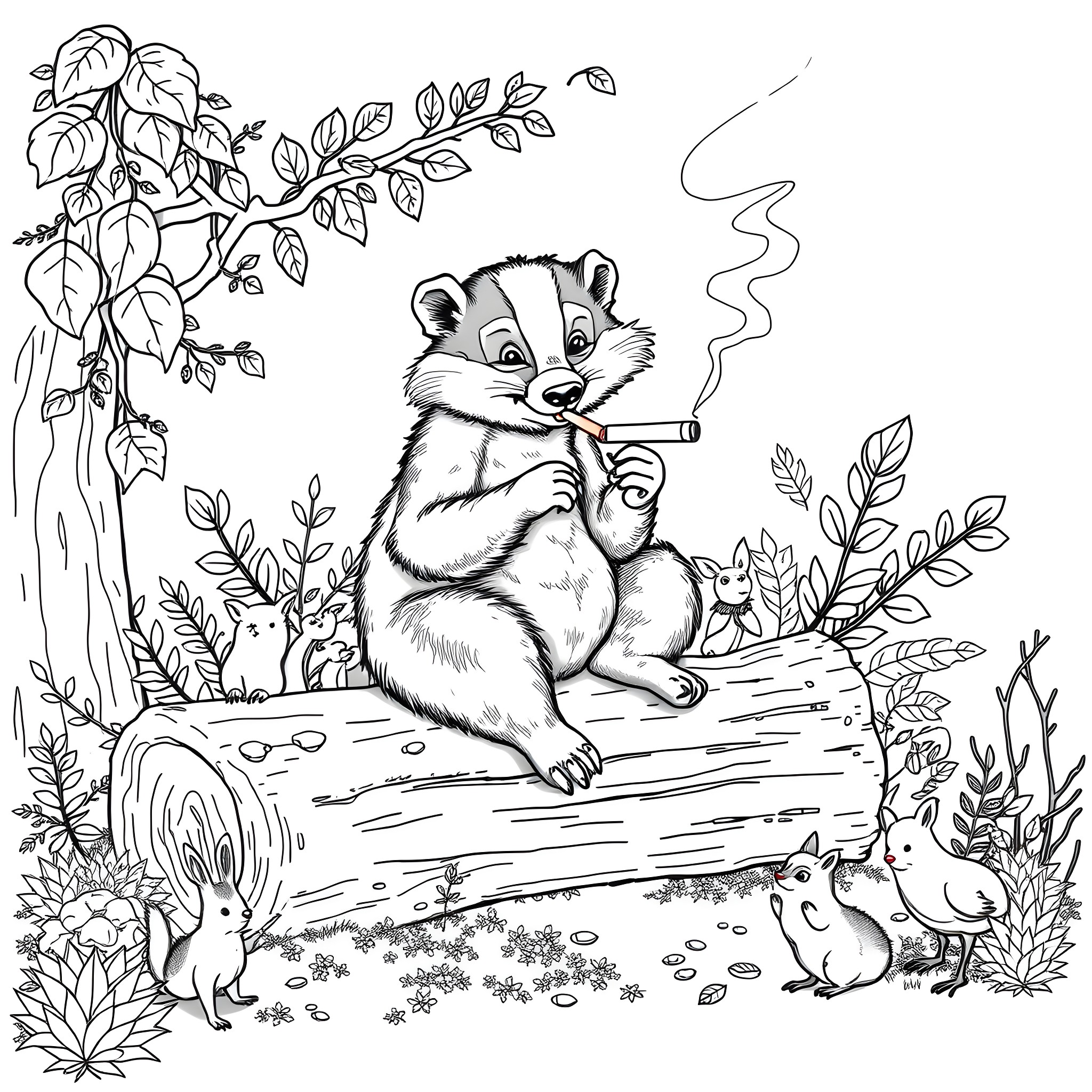 Mensch-Dachs relaxing in the forest Coloring Page (free black-and-white line drawing printable PDF for all, from beginners to advanced learners, including children, teens, adults, and seniors)