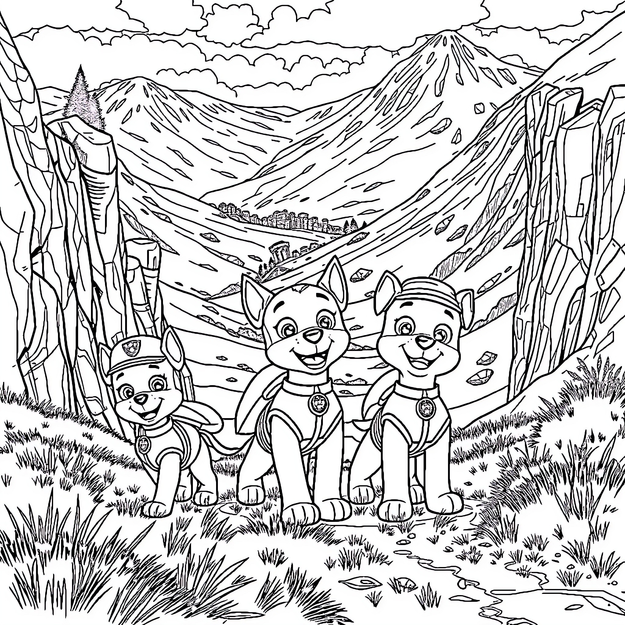Paw Patrol Exploring the Mountainous Landscape Coloring Page (free black-and-white line drawing printable PDF for all, from beginners to advanced learners, including children, teens, adults, and seniors)