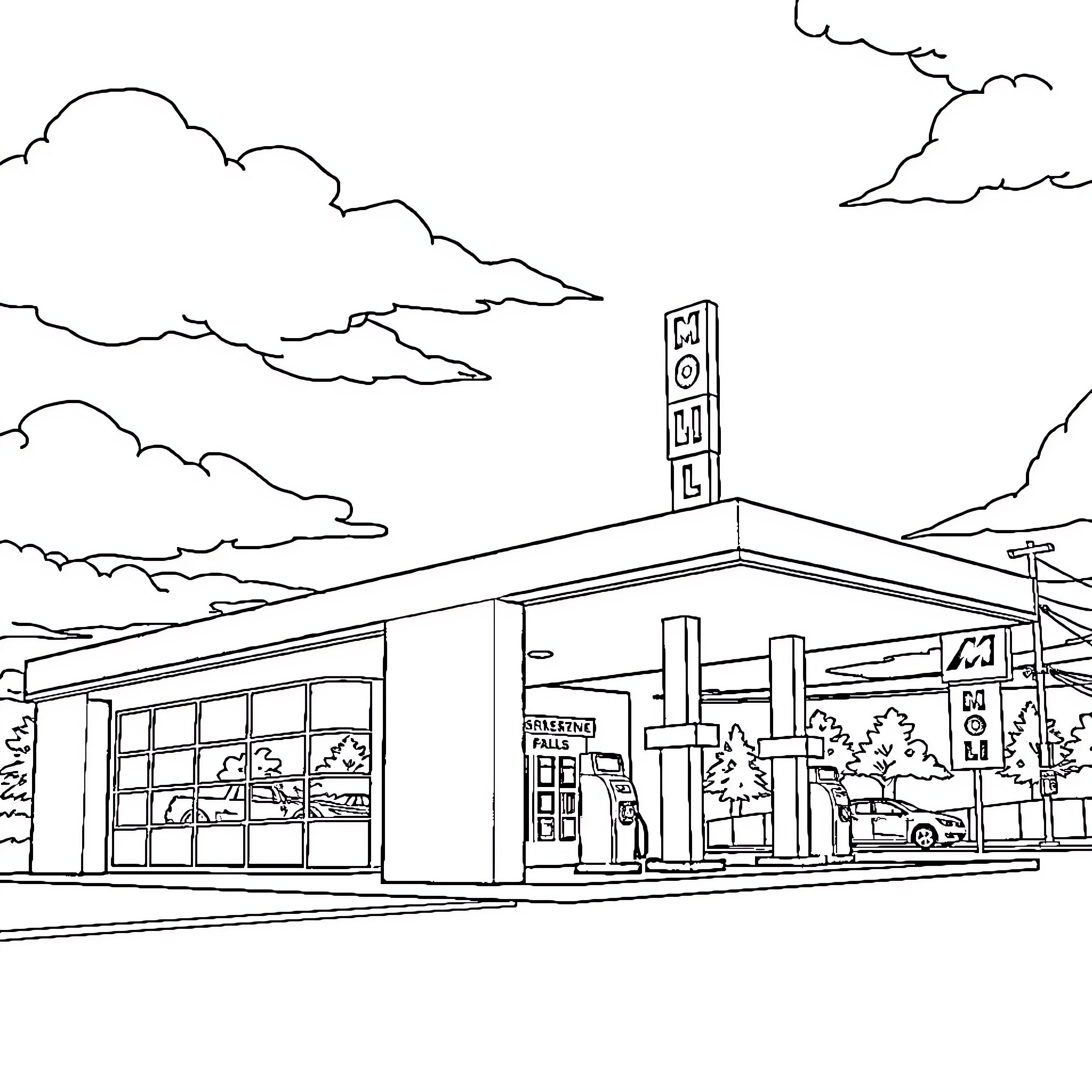 Mobil gas station with cloudy sky Coloring Page (free black-and-white line drawing printable PDF for all, from beginners to advanced learners, including children, teens, adults, and seniors)