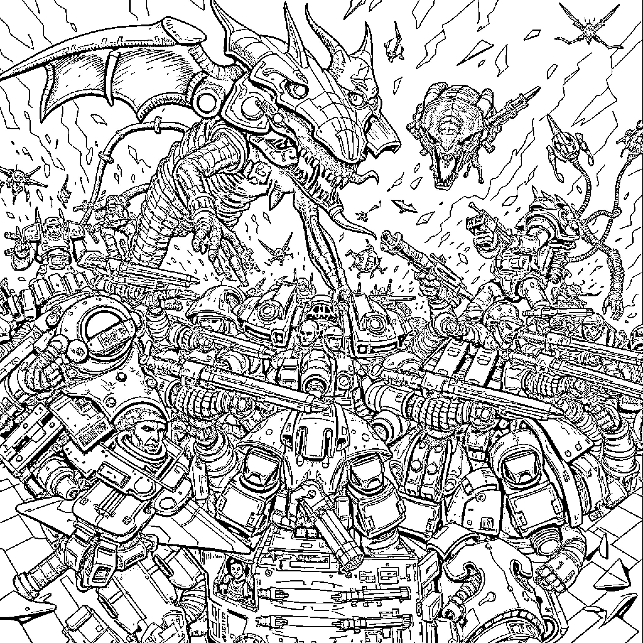 Warhammer: Colossal Machinery and Monstrous Confrontation Coloring Page (free black-and-white line drawing printable PDF for all, from beginners to advanced learners, including children, teens, adults, and seniors)