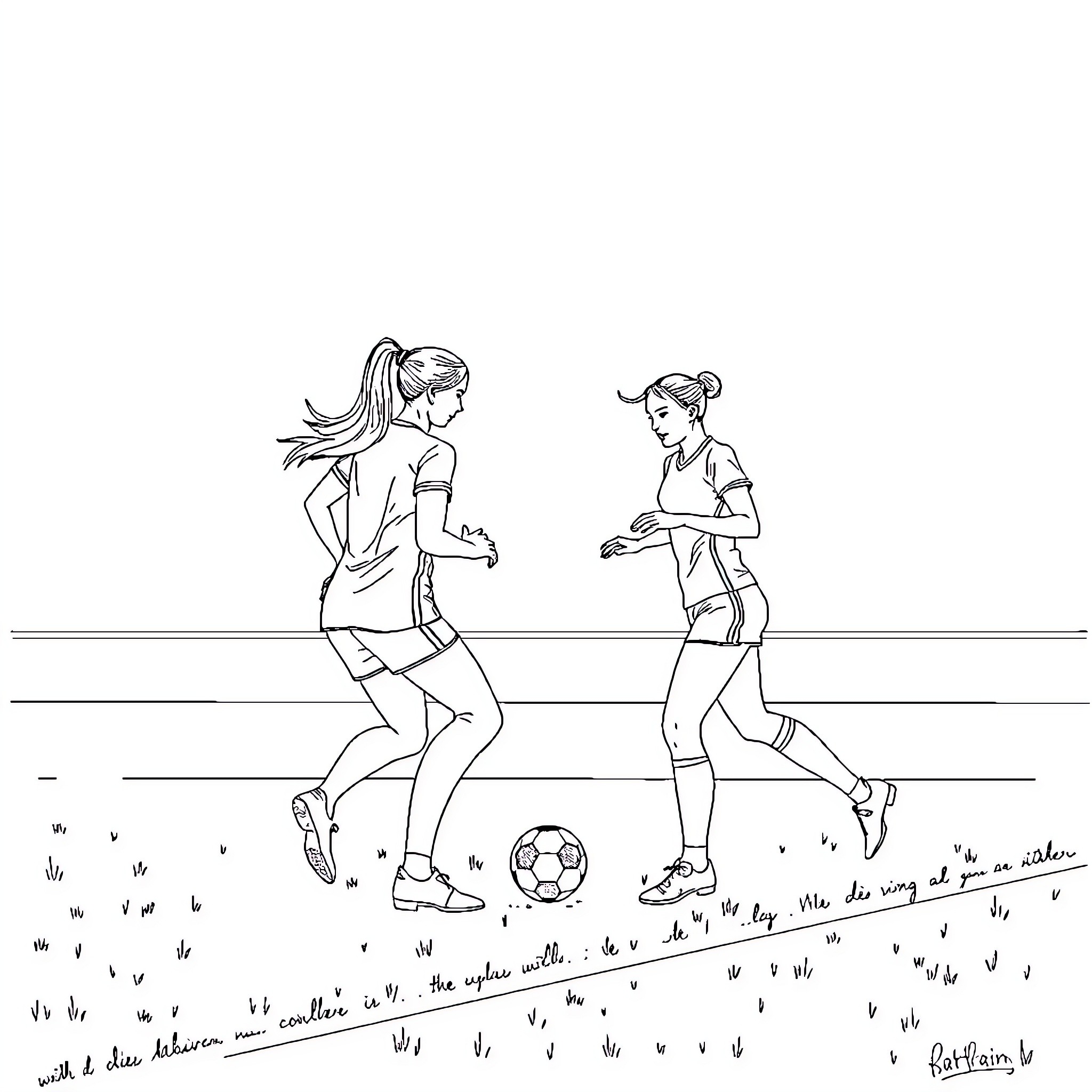 Footballer girls practicing soccer in the field Coloring Page (free black-and-white line drawing printable PDF for all, from beginners to advanced learners, including children, teens, adults, and seniors)