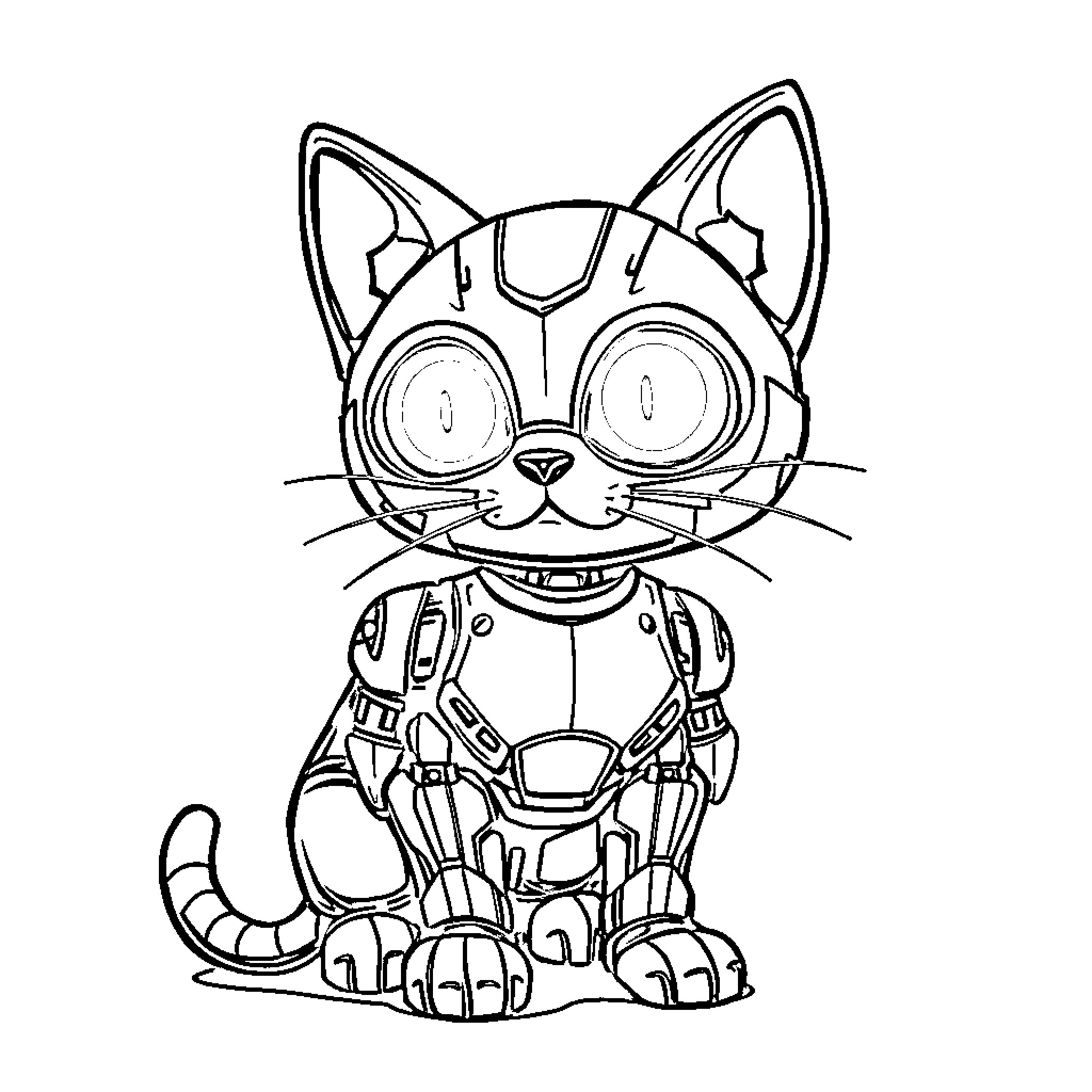 Cat Robot with Cyborg Body Coloring Page (free black-and-white line drawing printable PDF for all, from beginners to advanced learners, including children, teens, adults, and seniors)