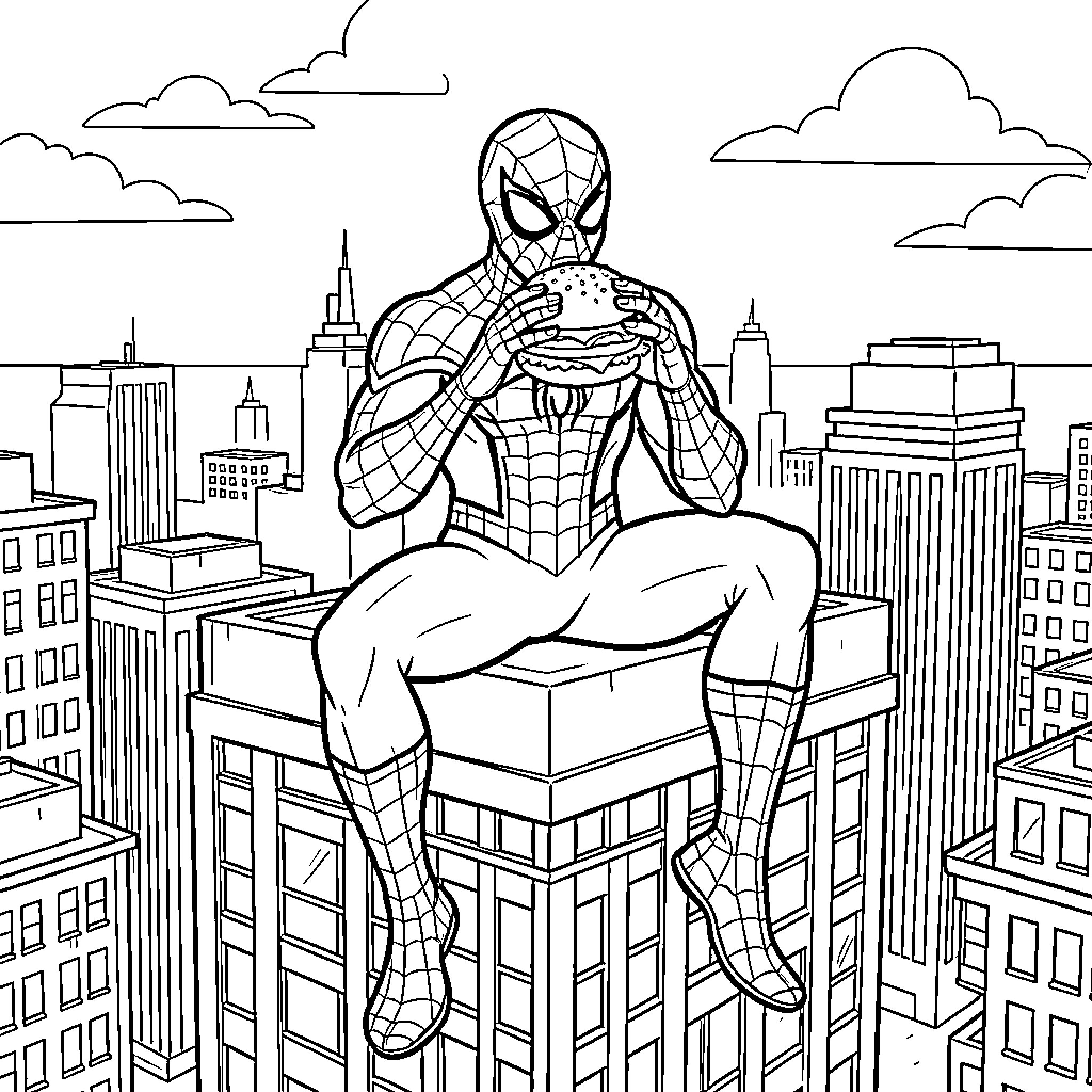 Spiderman sitting on a rooftop eating a burger Coloring Page (free black-and-white line drawing printable PDF for all, from beginners to advanced learners, including children, teens, adults, and seniors)