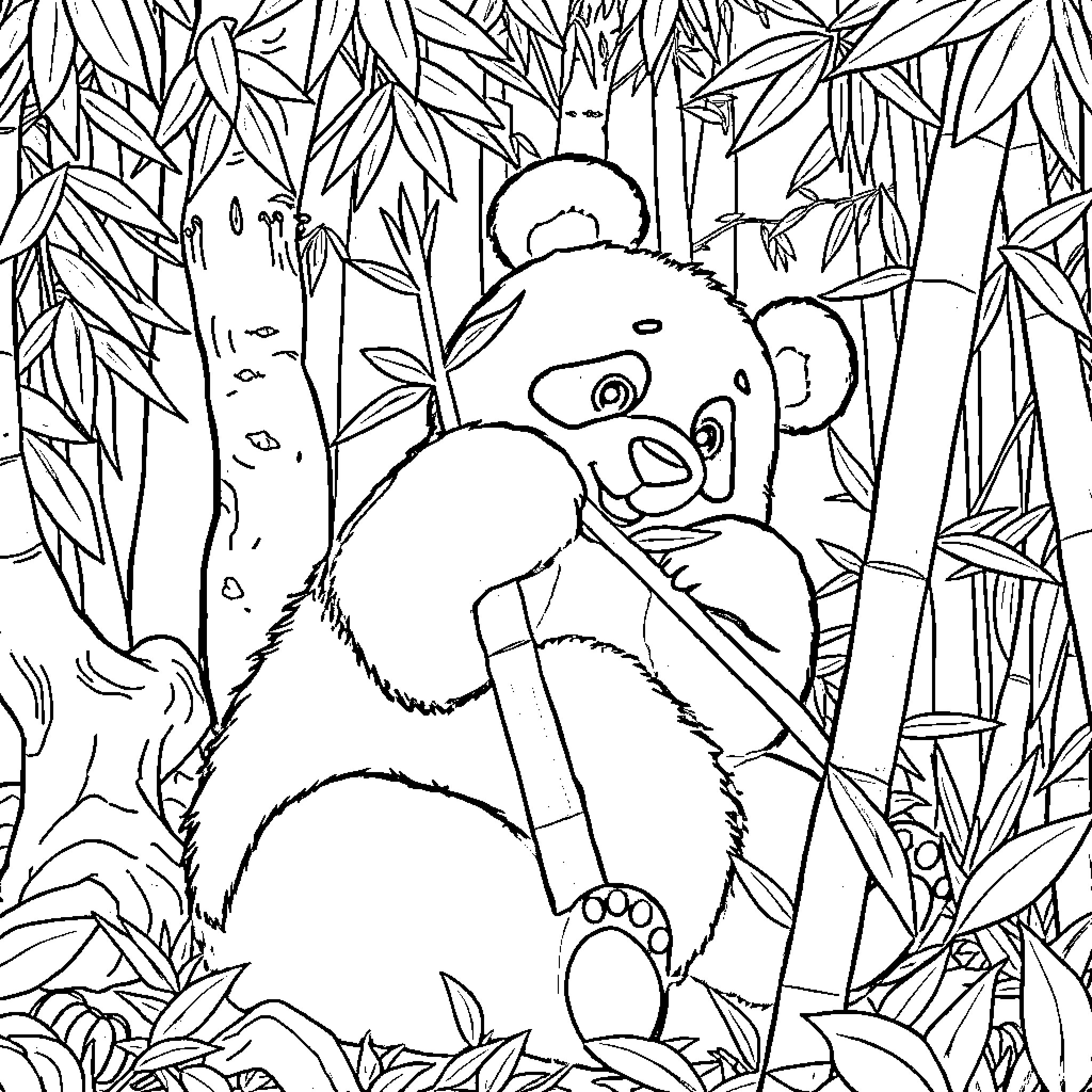 Panda enjoying bamboo in the forest Coloring Page (free black-and-white line drawing printable PDF for all, from beginners to advanced learners, including children, teens, adults, and seniors)