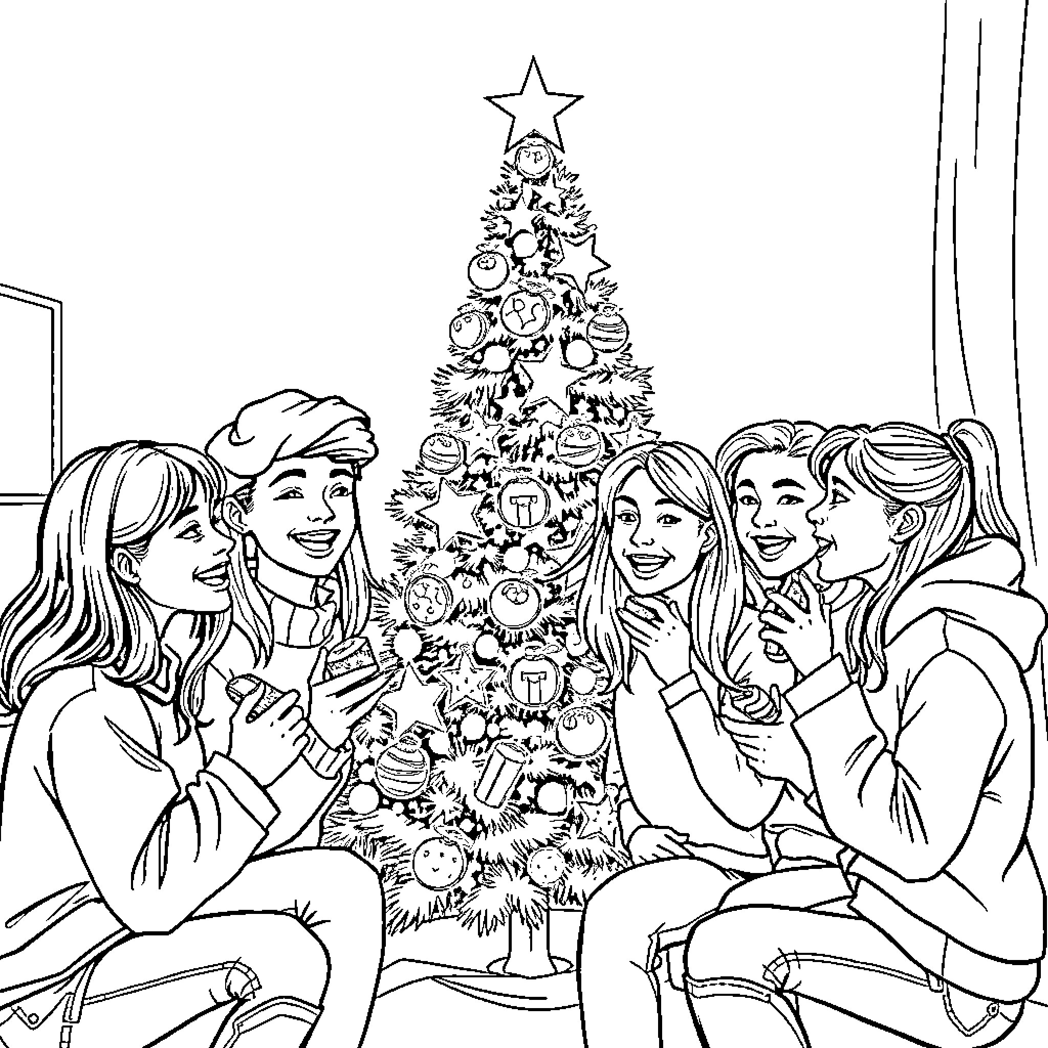 Teenagers celebrating Christmas together around a festive tree Coloring Page (free black-and-white line drawing printable PDF for all, from beginners to advanced learners, including children, teens, adults, and seniors)