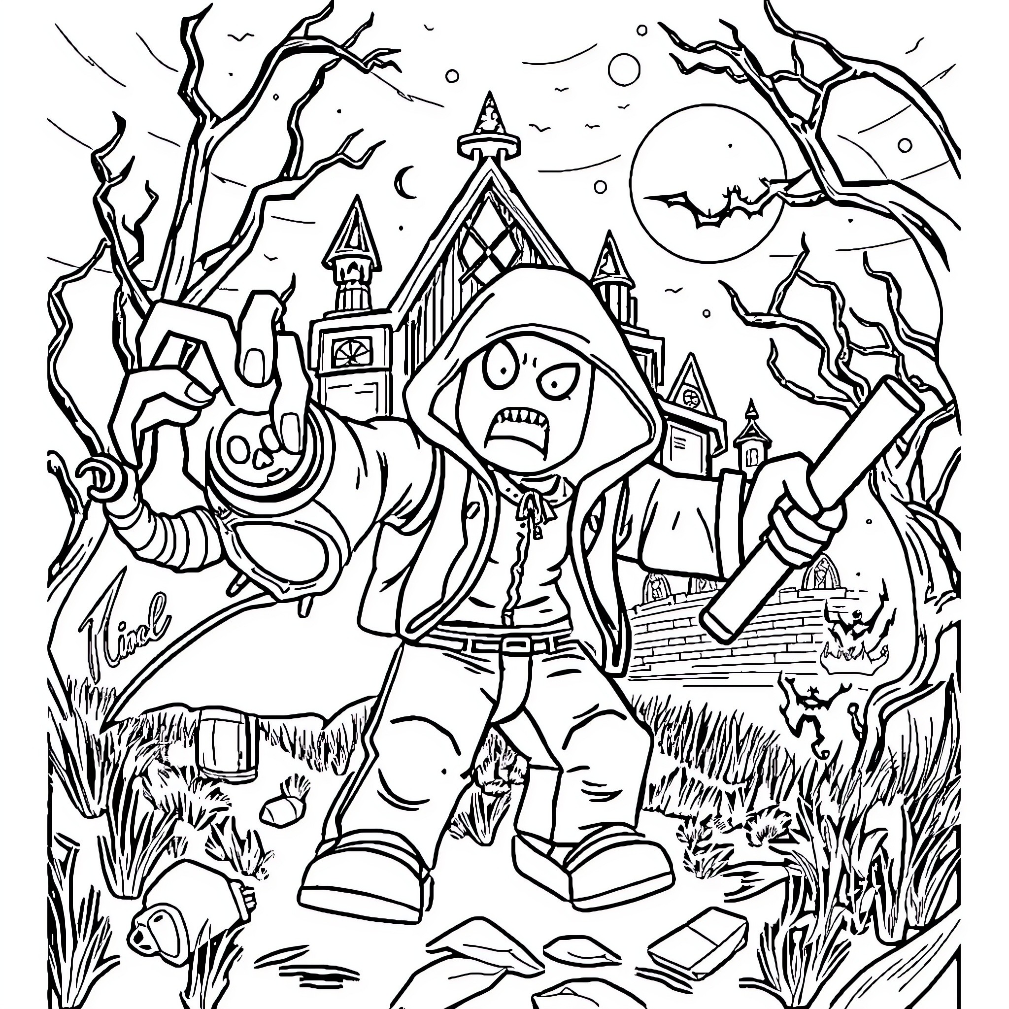 Roblox horror character in spooky landscape Coloring Page (free black-and-white line drawing printable PDF for all, from beginners to advanced learners, including children, teens, adults, and seniors)