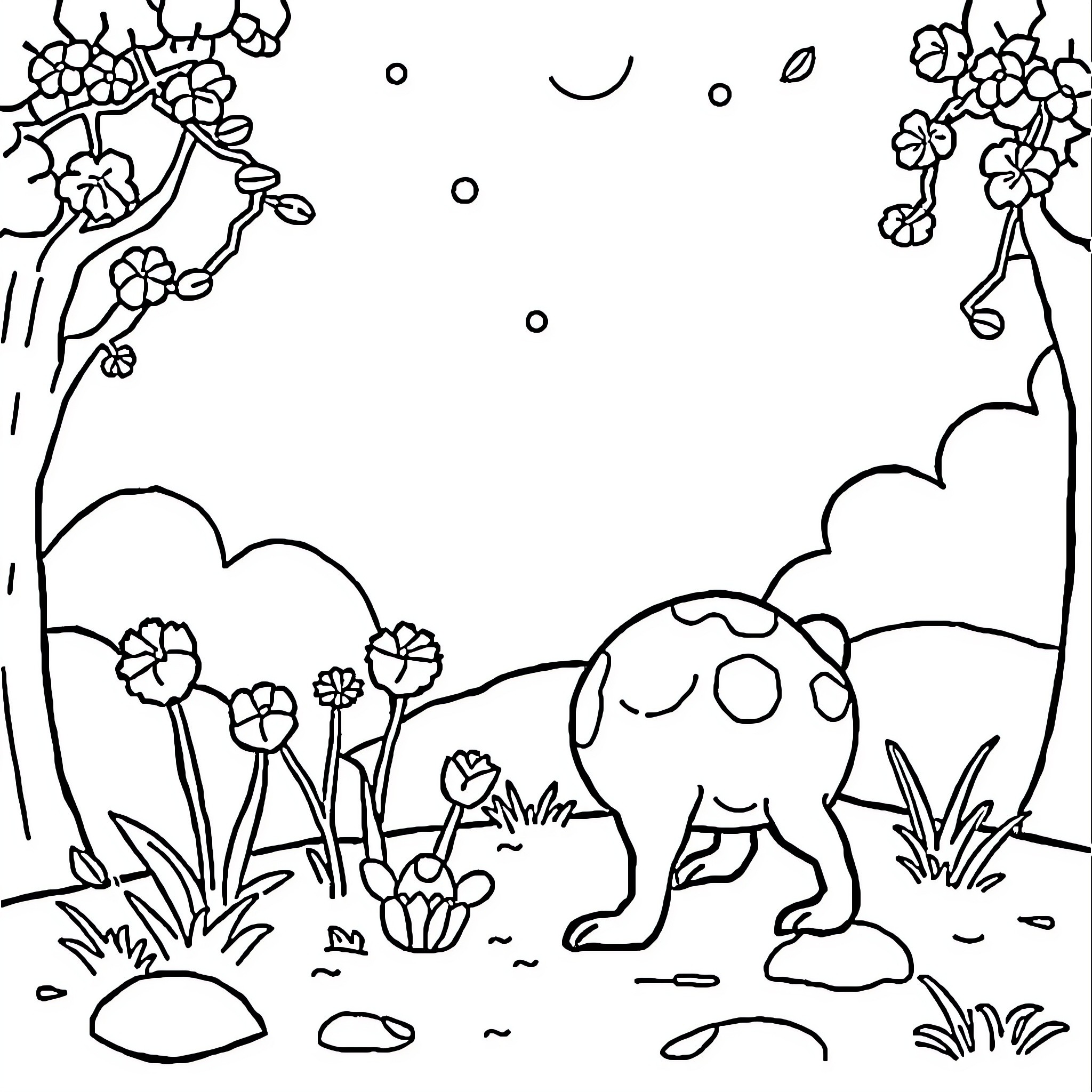 Nature's Whimsical Landscape Coloring Page (free black-and-white line drawing printable PDF for all, from beginners to advanced learners, including children, teens, adults, and seniors)
