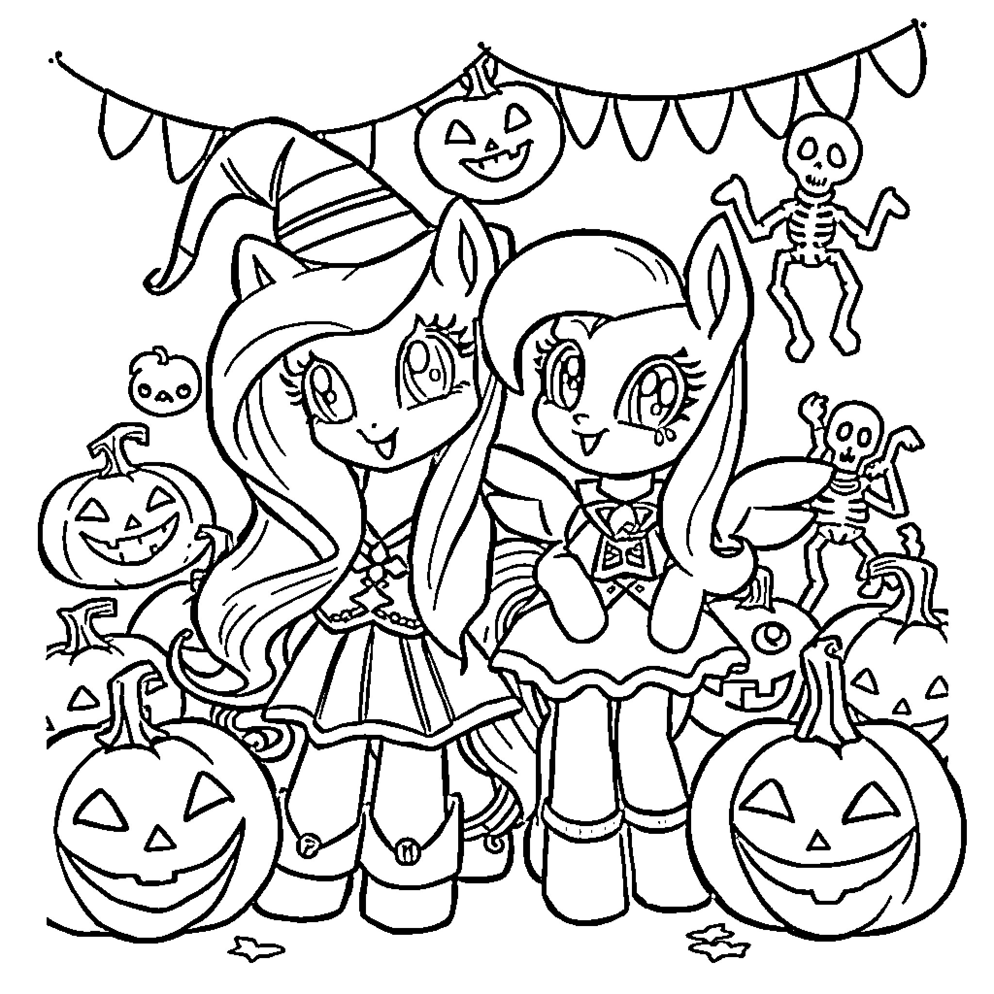 Pony friends enjoying Halloween festivities Coloring Page (free black-and-white line drawing printable PDF for all, from beginners to advanced learners, including children, teens, adults, and seniors)