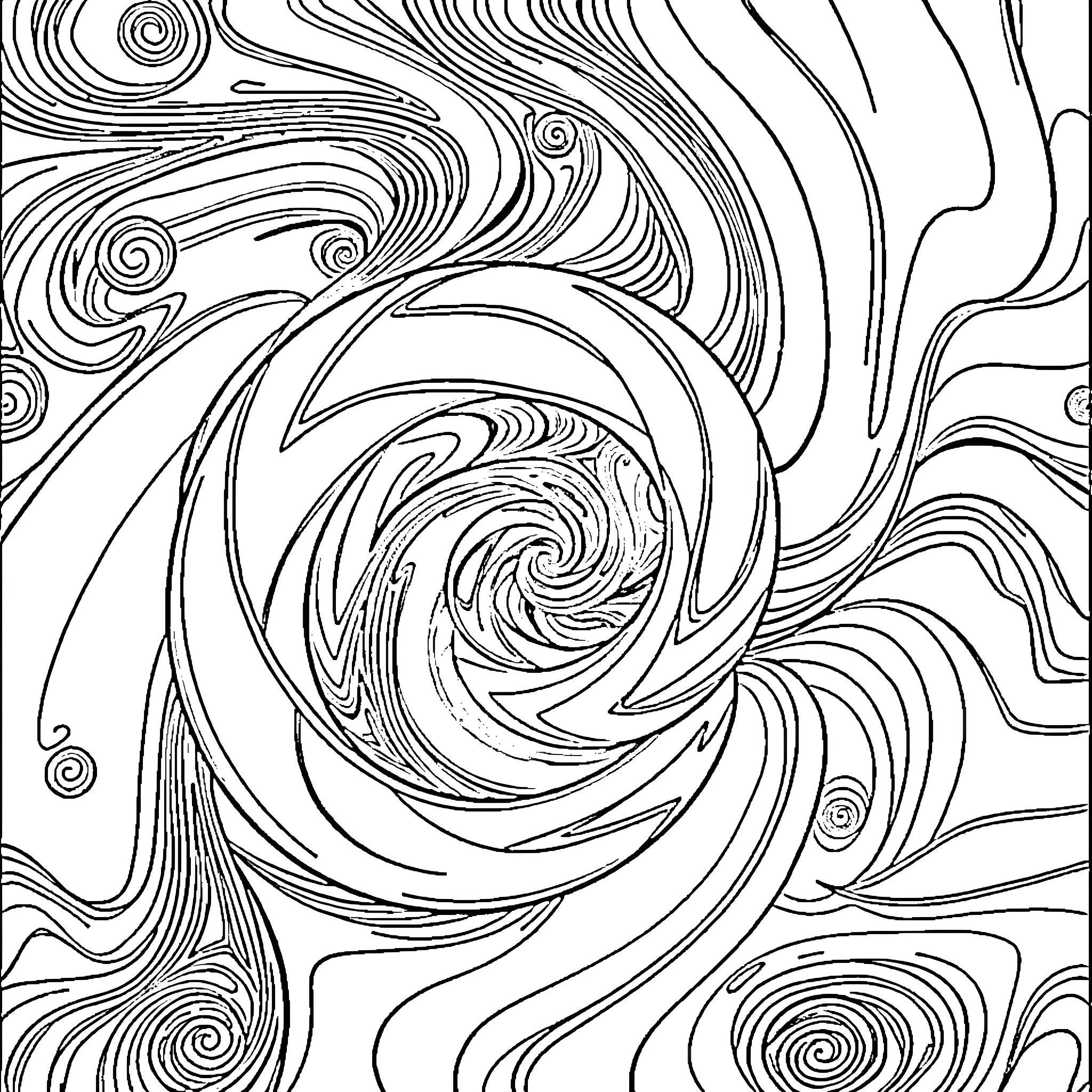 Fractal Spiral Dance Coloring Page (free black-and-white line drawing printable PDF for all, from beginners to advanced learners, including children, teens, adults, and seniors)