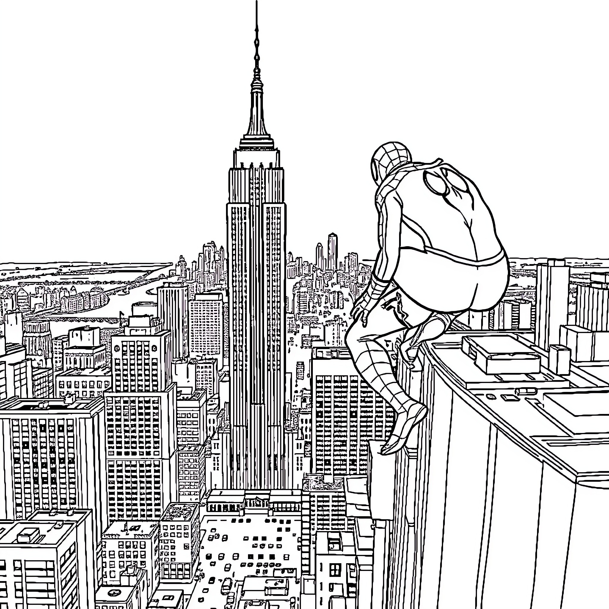 Spiderman surveys the city from a high vantage point Coloring Page (free black-and-white line drawing printable PDF for all, from beginners to advanced learners, including children, teens, adults, and seniors)