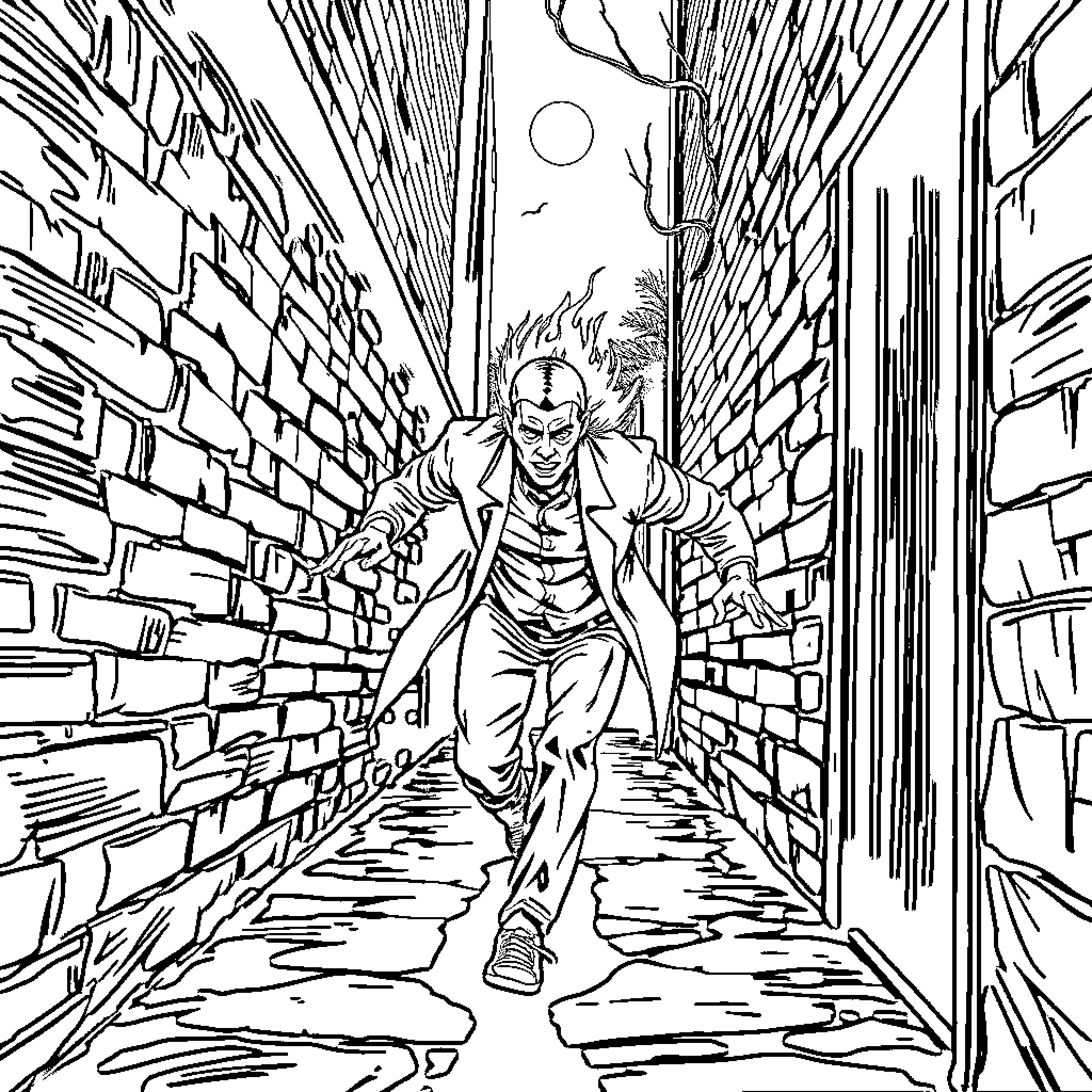Pursuer Navigating Treacherous Urban Alleyway Coloring Page (free black-and-white line drawing printable PDF for all, from beginners to advanced learners, including children, teens, adults, and seniors)