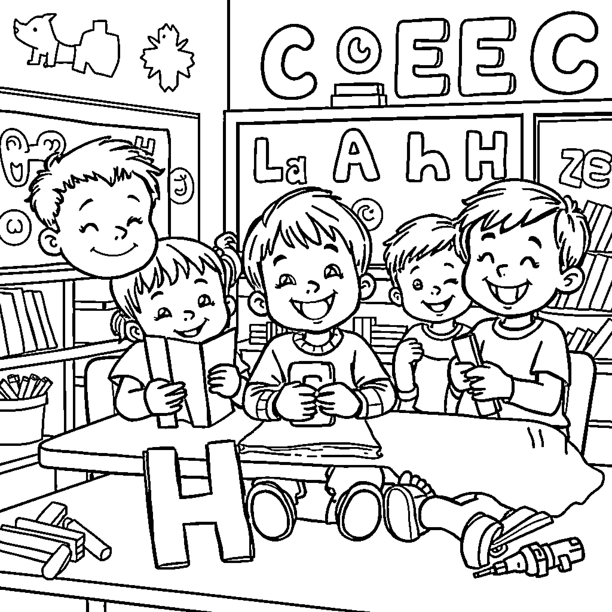 Letter of Happy Children in Classroom Coloring Page (free black-and-white line drawing printable PDF for all, from beginners to advanced learners, including children, teens, adults, and seniors)