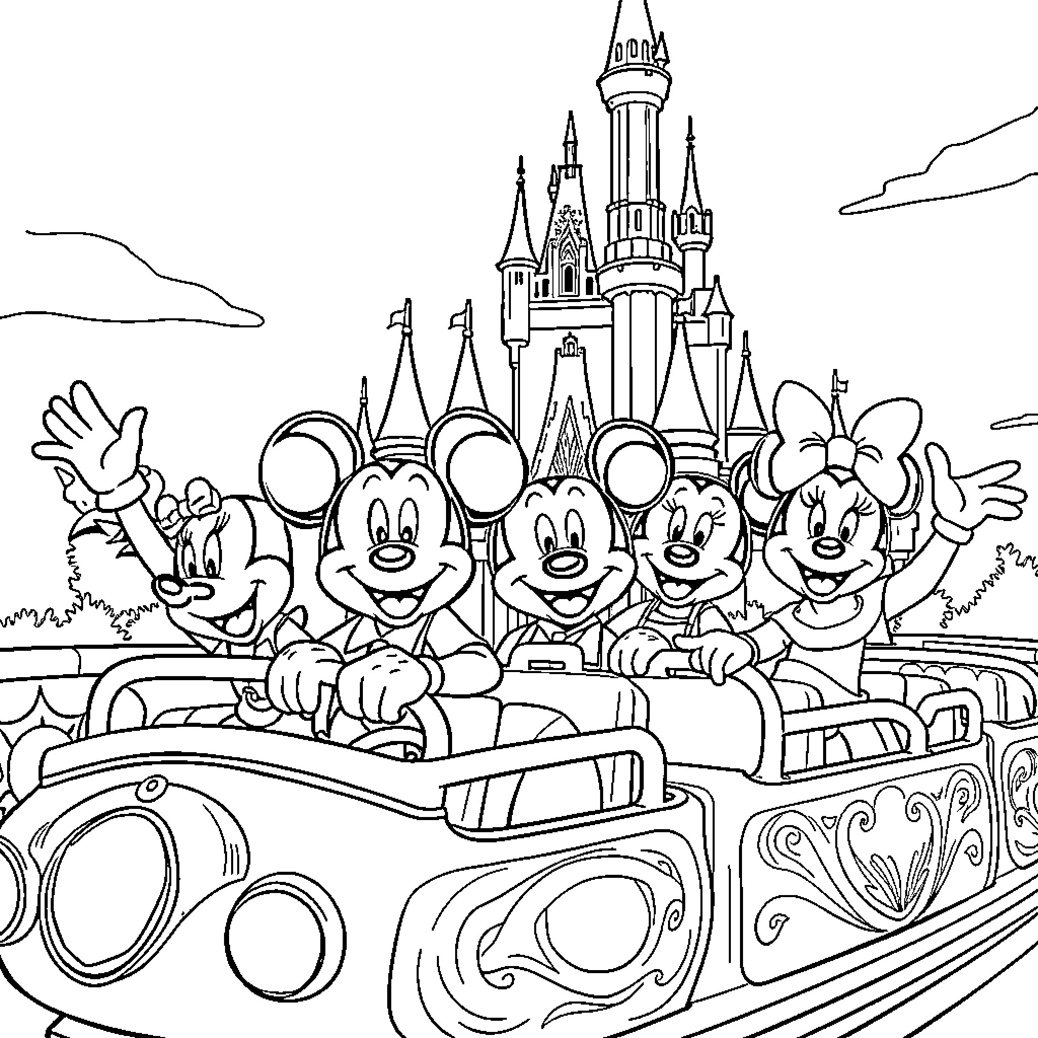 Disney Characters Riding Amusement Park Ride in Front of Castle Coloring Page (free black-and-white line drawing printable PDF for all, from beginners to advanced learners, including children, teens, adults, and seniors)