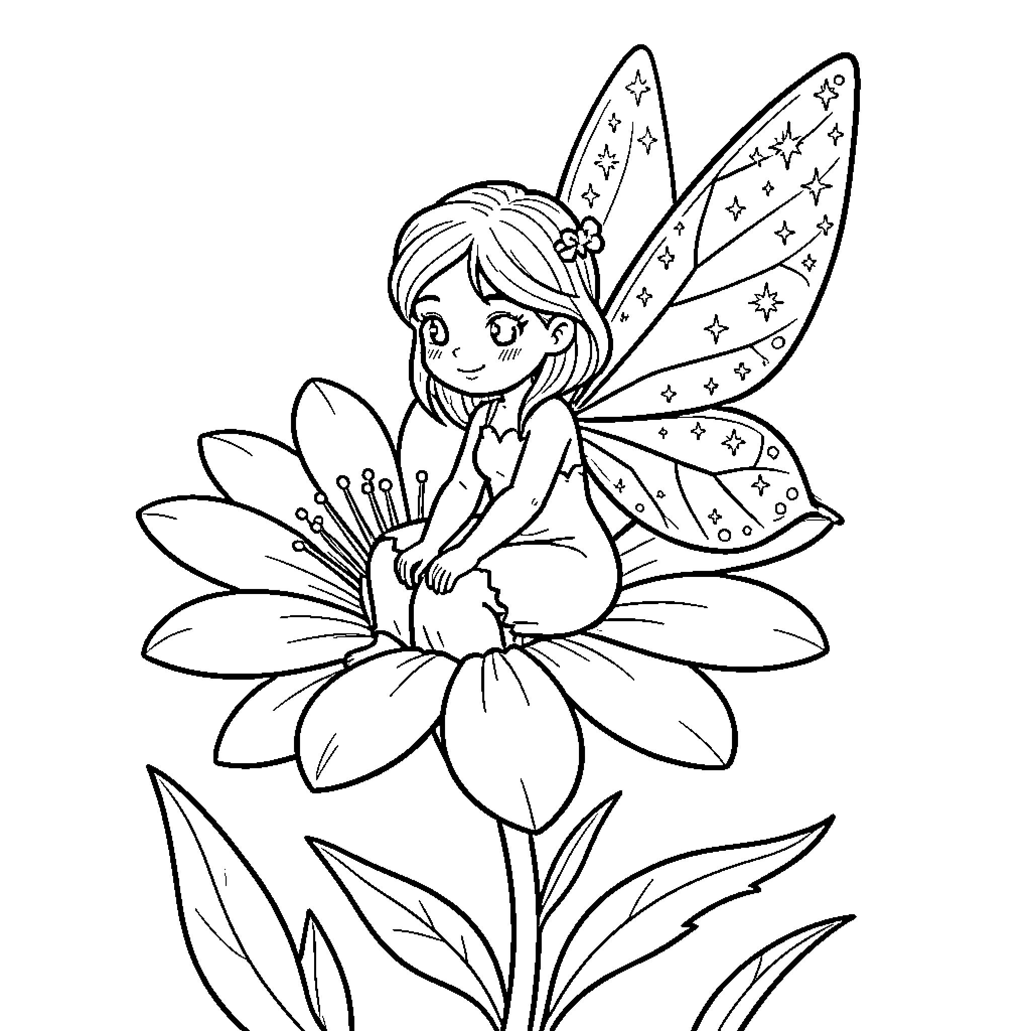 Fairy sitting on a flower Coloring Page (free black-and-white line drawing printable PDF for all, from beginners to advanced learners, including children, teens, adults, and seniors)