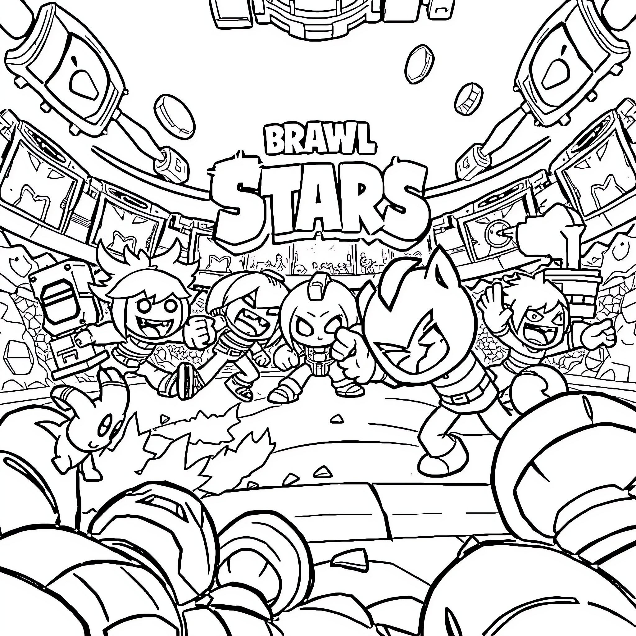 Brawl Stars: Colorful Battle Scene with Characters Coloring Page (free black-and-white line drawing printable PDF for all, from beginners to advanced learners, including children, teens, adults, and seniors)