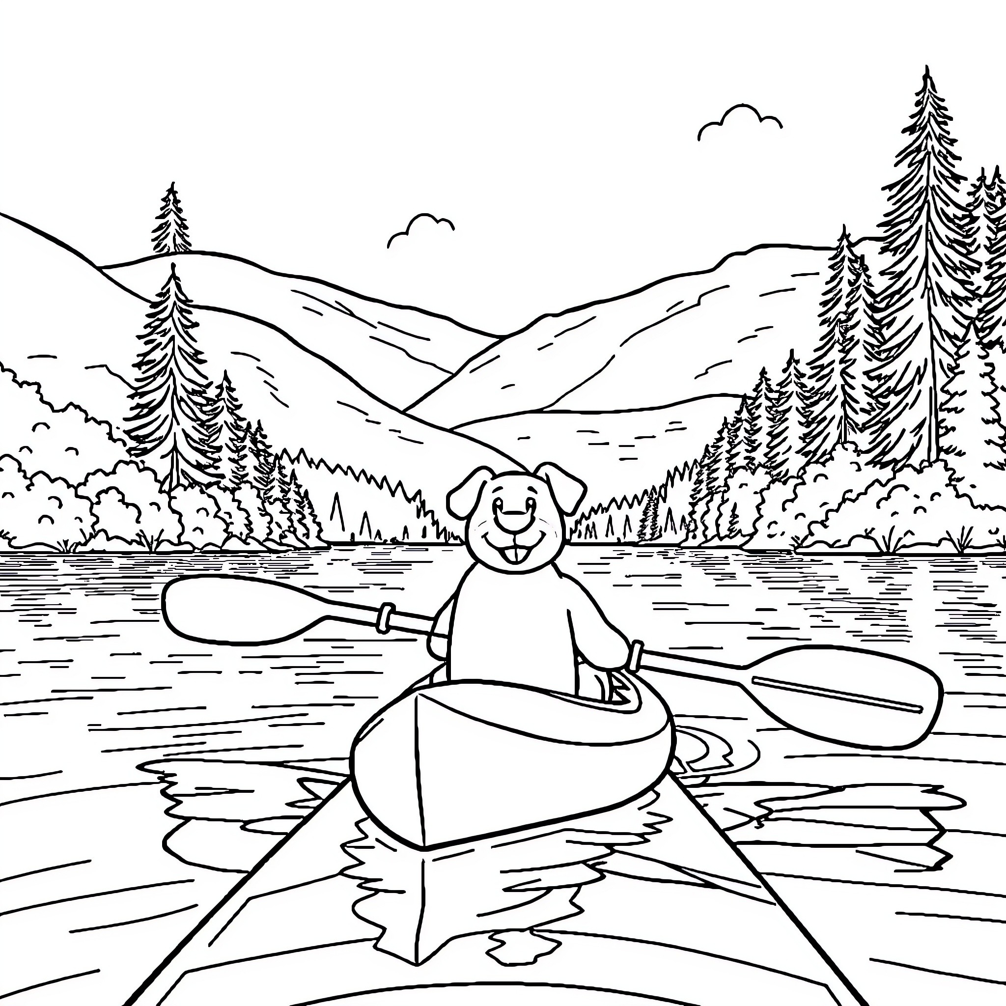 Bluey Enjoying Outdoor Adventure in Canoe Coloring Page (free black-and-white line drawing printable PDF for all, from beginners to advanced learners, including children, teens, adults, and seniors)
