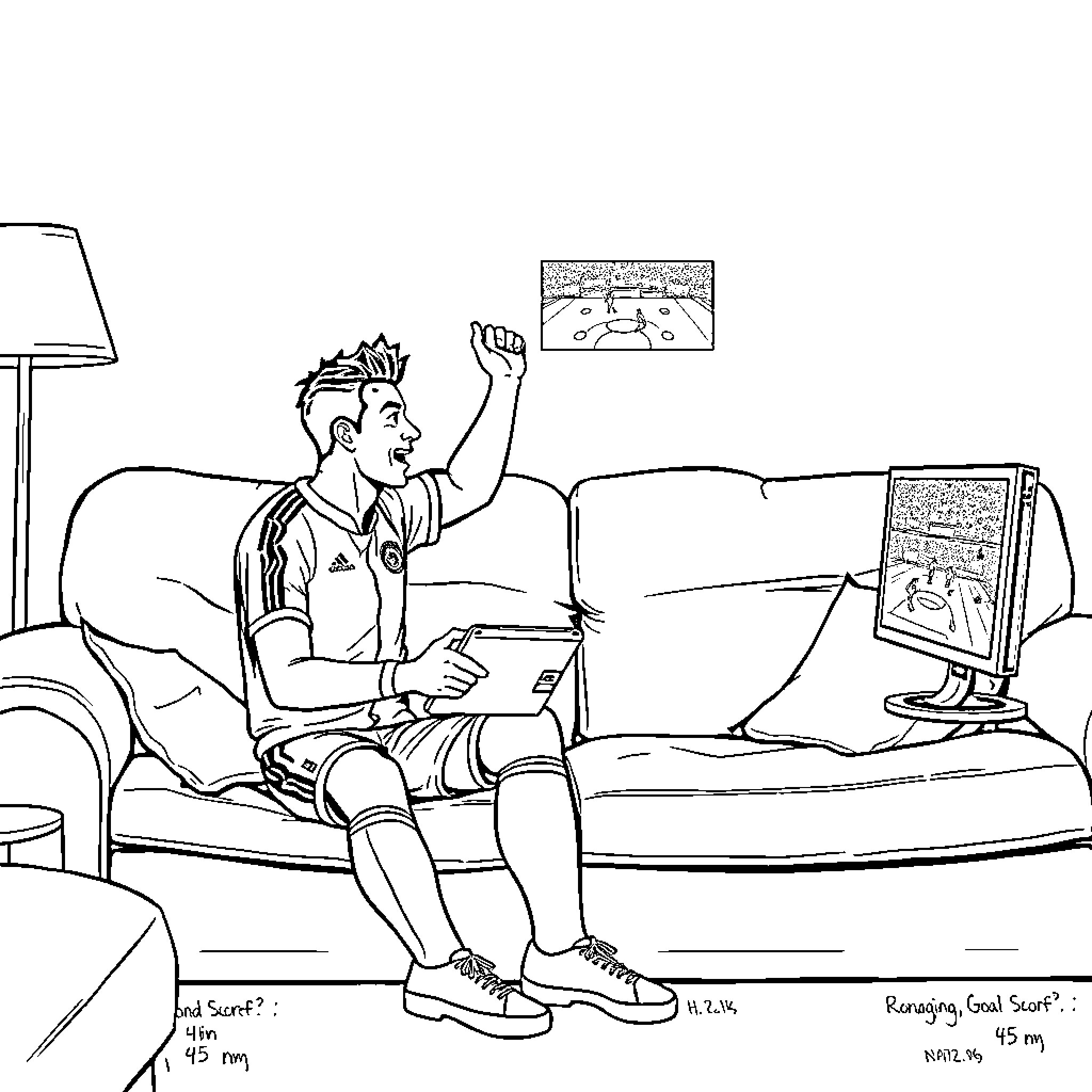 Ronaldo cheers enthusiastically while playing video game Coloring Page (free black-and-white line drawing printable PDF for all, from beginners to advanced learners, including children, teens, adults, and seniors)