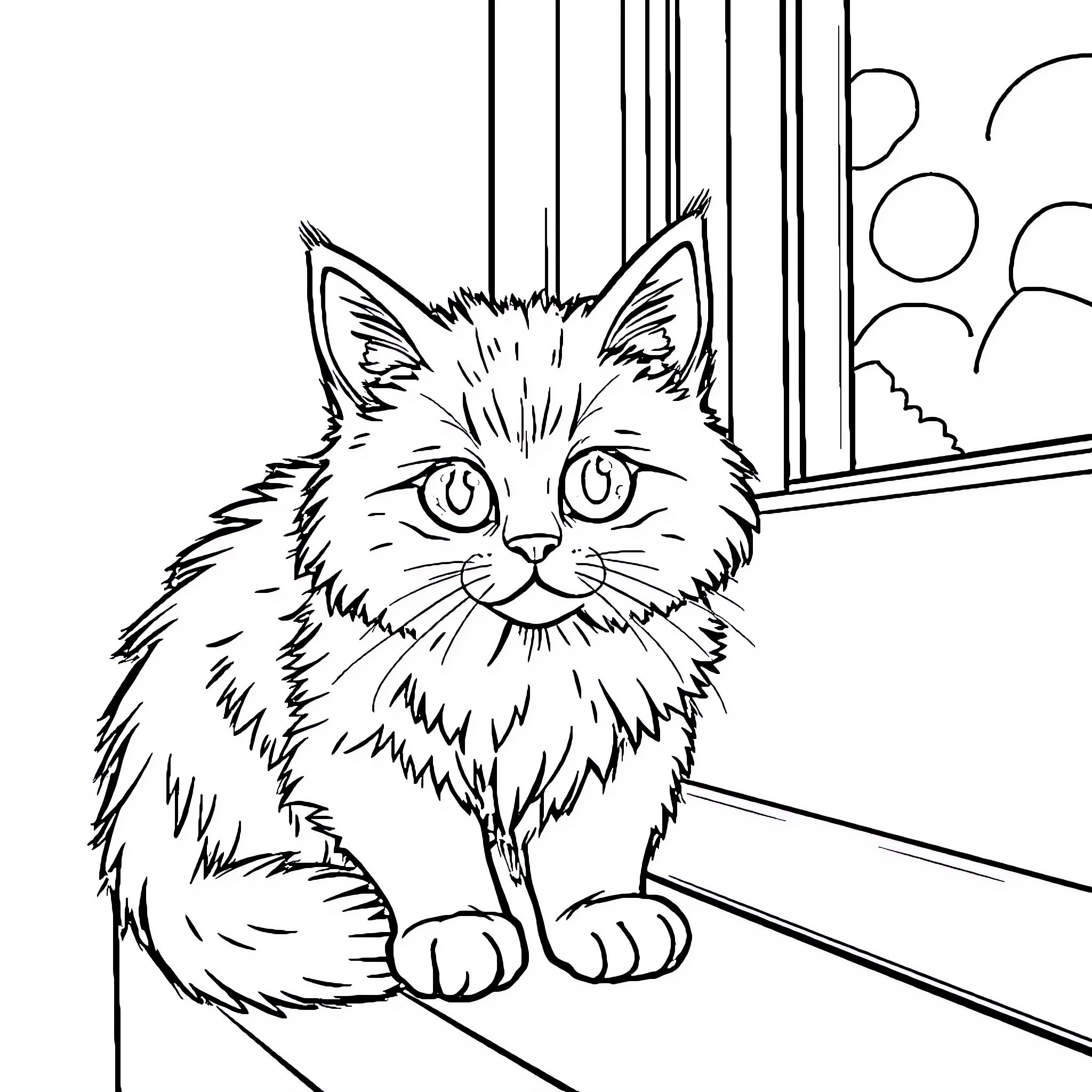 Cat looking curiously through window Coloring Page (free black-and-white line drawing printable PDF for all, from beginners to advanced learners, including children, teens, adults, and seniors)