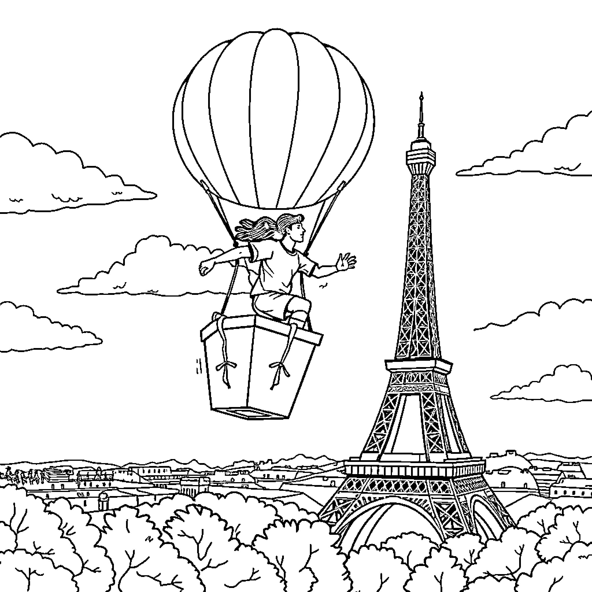 Footballer flying over Paris in hot air balloon Coloring Page (free black-and-white line drawing printable PDF for all, from beginners to advanced learners, including children, teens, adults, and seniors)