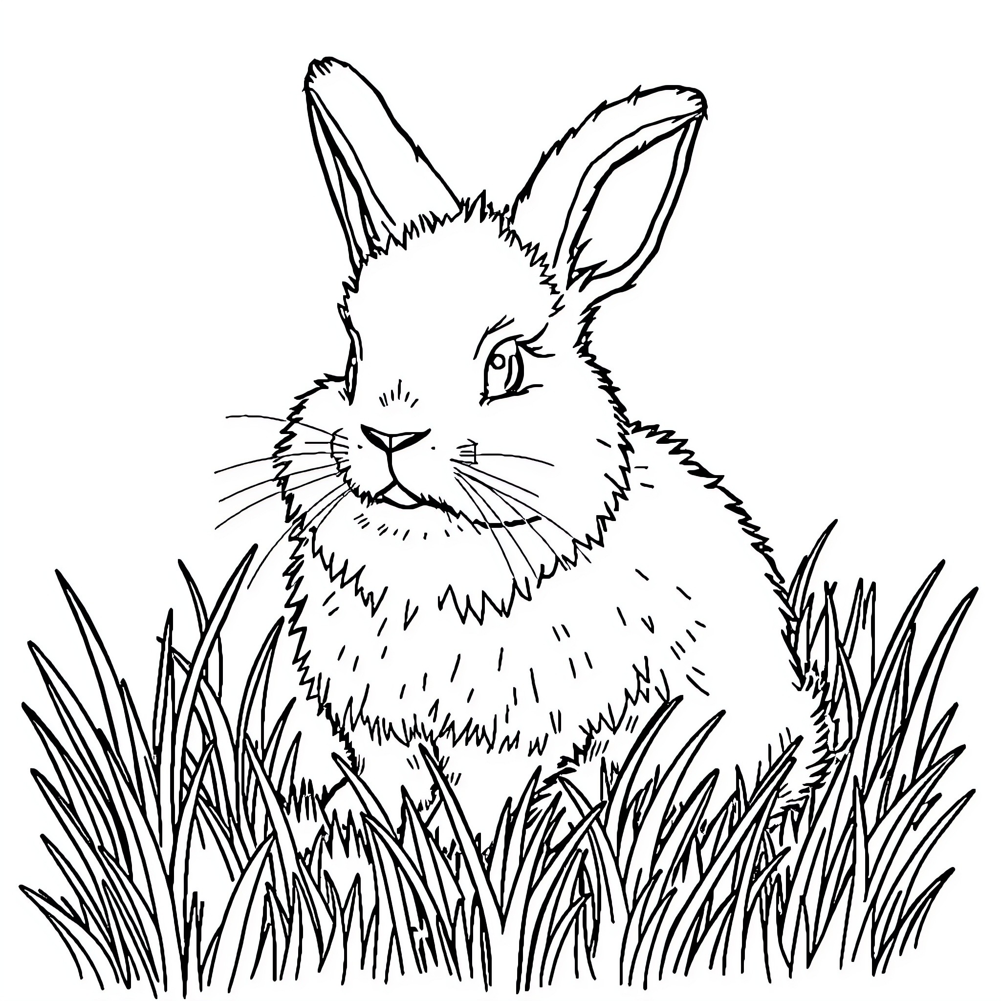 Bunny peeking out from tall grass Coloring Page (free black-and-white line drawing printable PDF for all, from beginners to advanced learners, including children, teens, adults, and seniors)