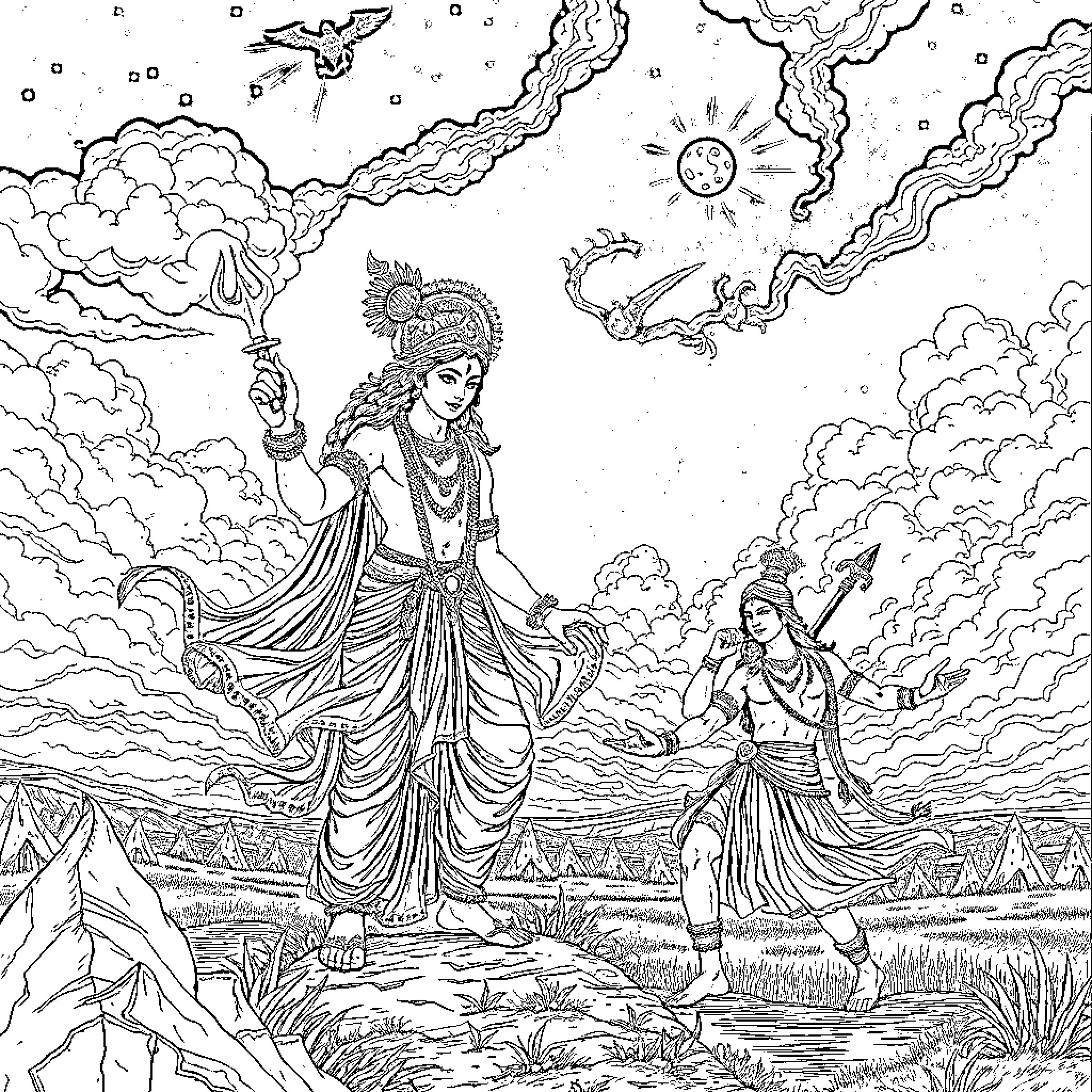 Krishna engaging in divine play with Radha in celestial realm Coloring Page (free black-and-white line drawing printable PDF for all, from beginners to advanced learners, including children, teens, adults, and seniors)
