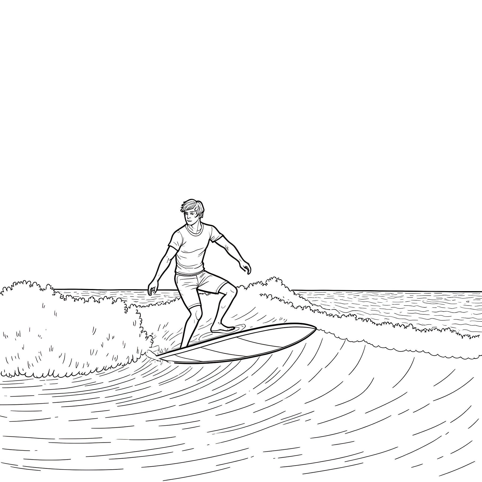 Surfer riding a wave along the shore Coloring Page (free black-and-white line drawing printable PDF for all, from beginners to advanced learners, including children, teens, adults, and seniors)