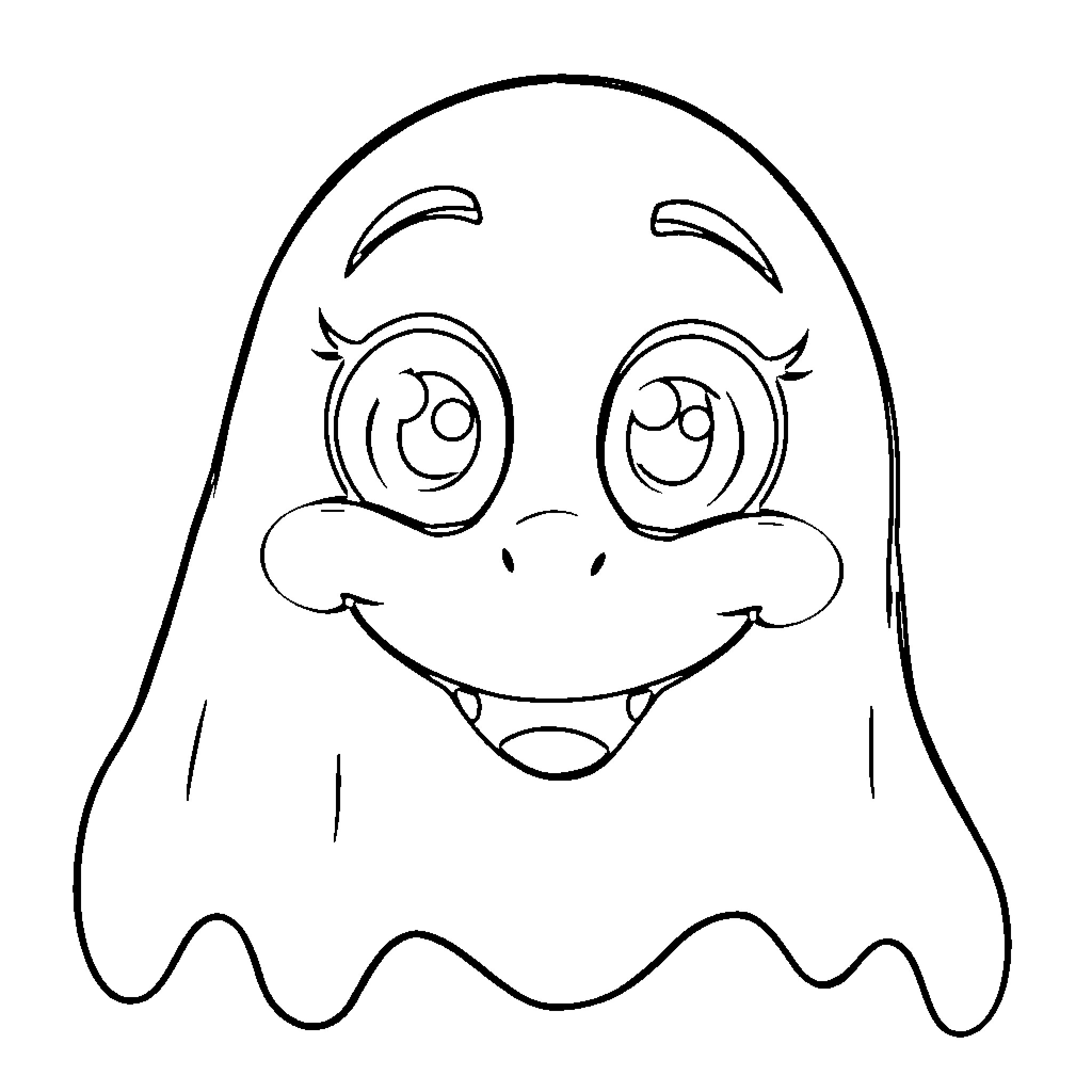 Ghost with a Friendly Expression Coloring Page (free black-and-white line drawing printable PDF for all, from beginners to advanced learners, including children, teens, adults, and seniors)